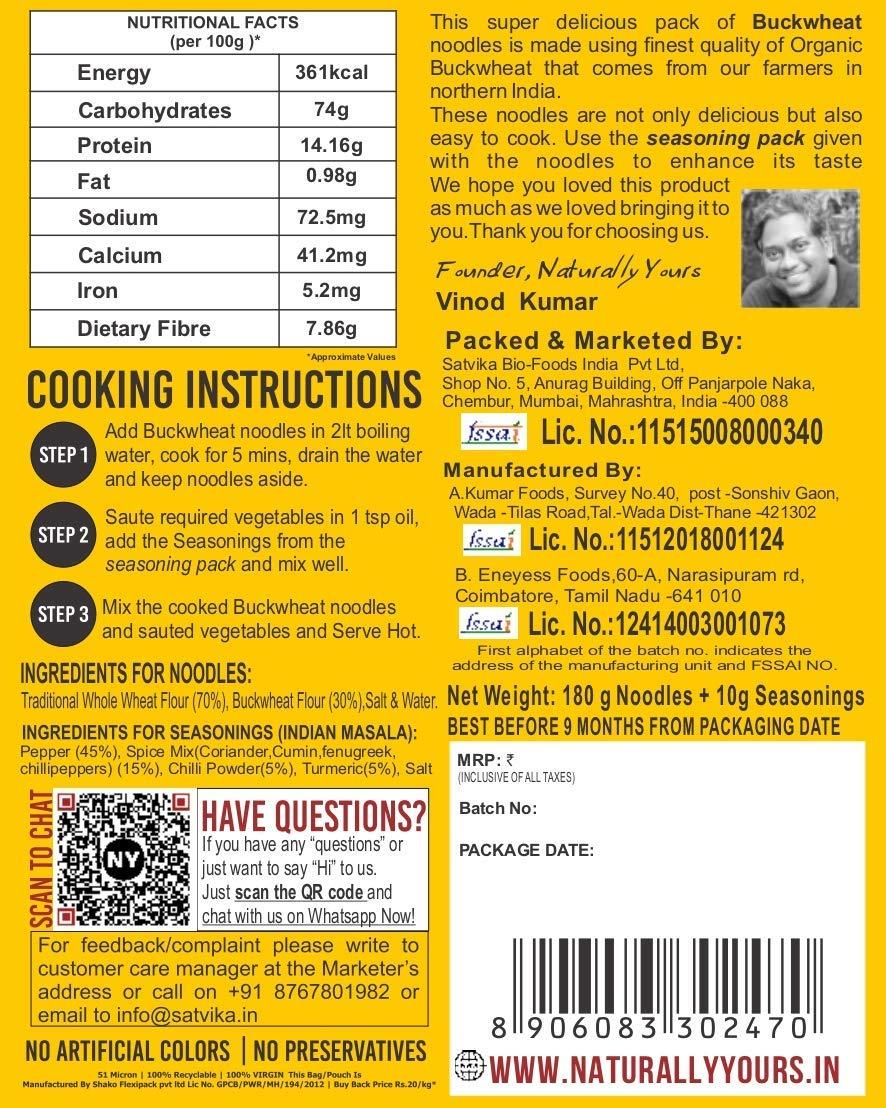 naturally yours Naturally Yours Healthy Buckwheat Soba Noodles, Made with 30% Buckwheat Flour & 70% Whole Wheat, Taste Maker Included, No Maida, Not Fried, 100% Natural, No Artificial Preservatives or MSG, 180g Each, Net Weight 360g (Pack of 2)