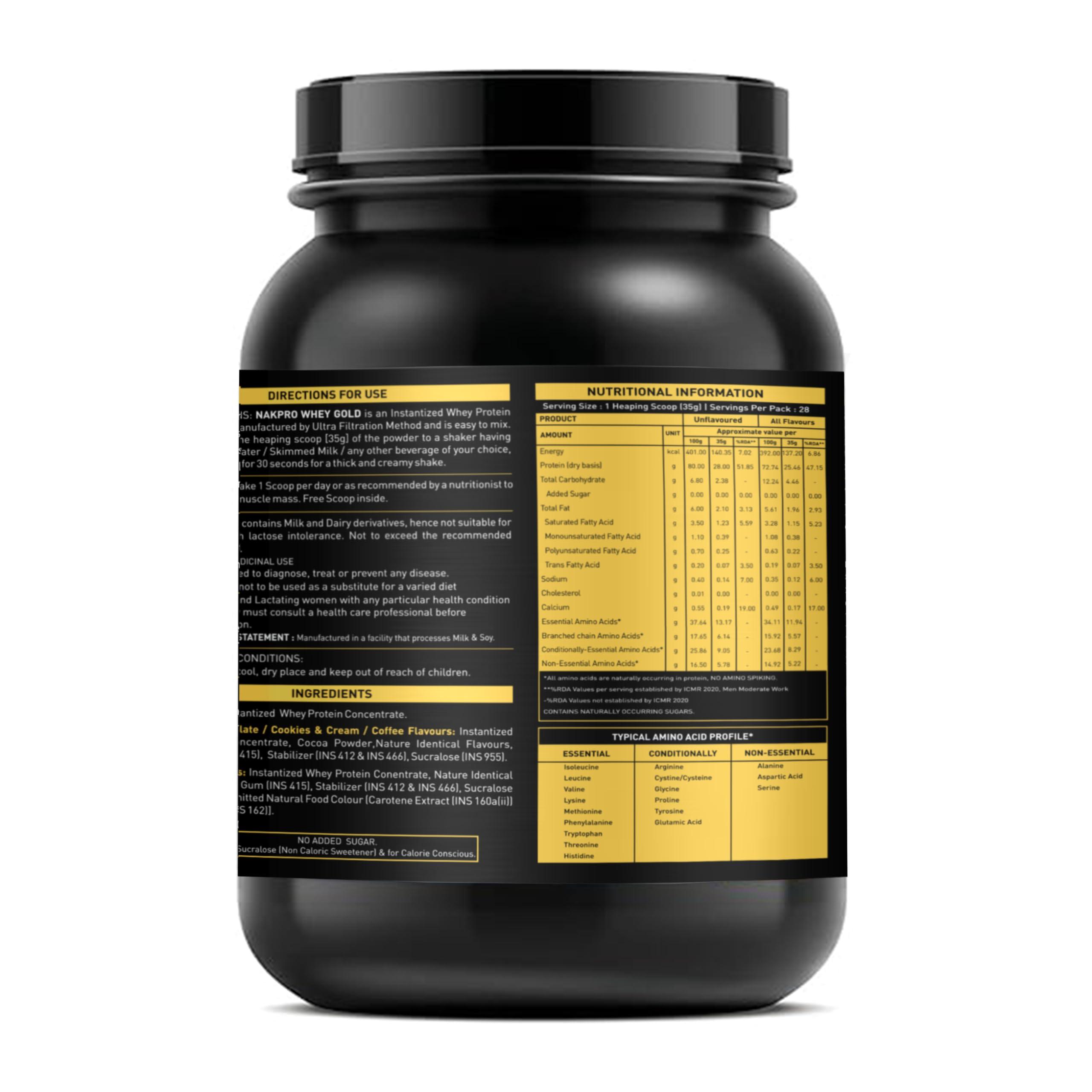 NAKPRO NAKPRO Gold Whey Protein Concentrate 80%, 1kg Unflavoured, Jar | 28g Protein, 6.2g BCAA | Trustified Certified 100% Authentic Supplement Powder & No Adulteration | Fast Absorbing Whey Protein Powder