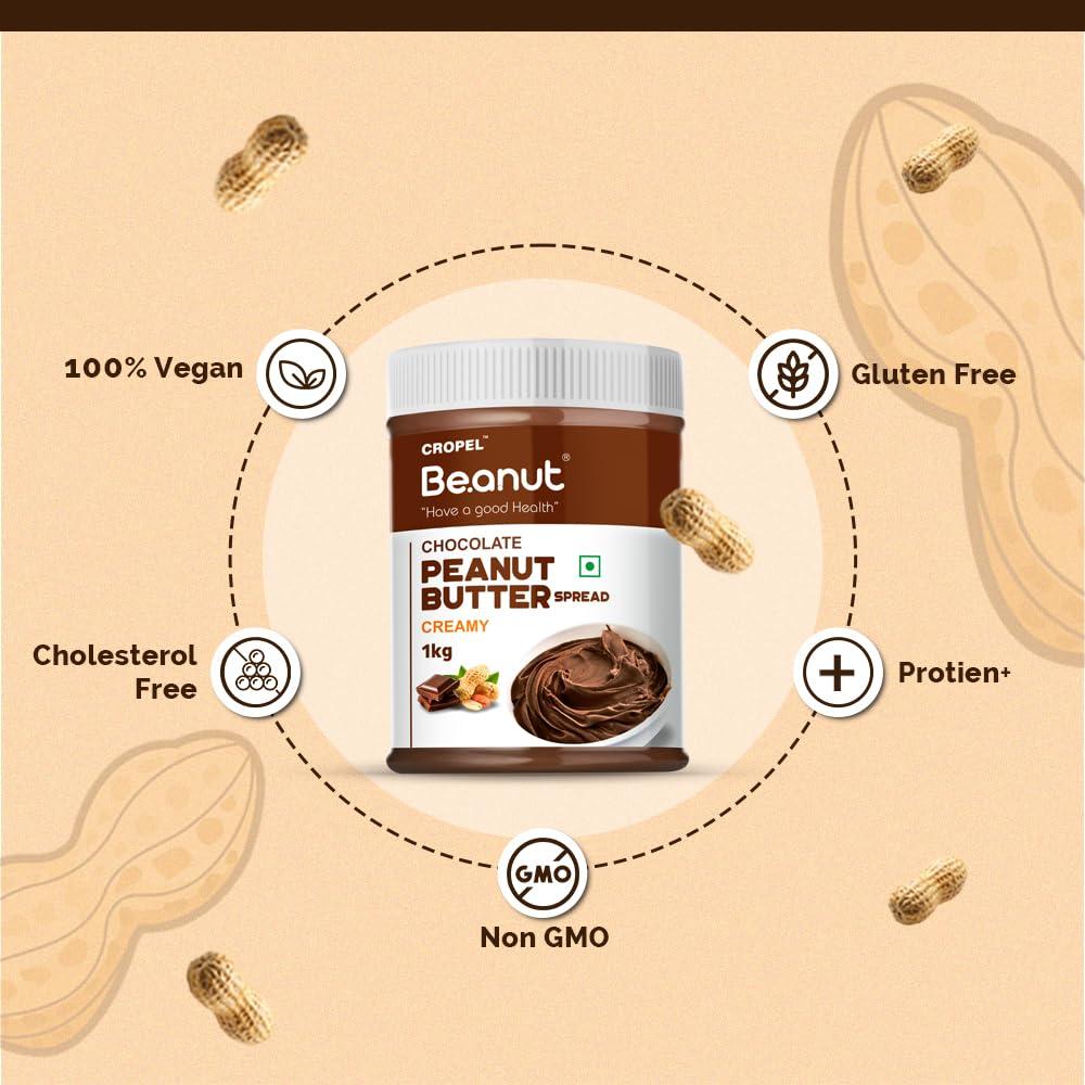 Beanut Beanut Chocolate Peanut Butter Creamy - 1kg | Classic Peanut Butter with Rich Fiber | Non-GMO, Gluten Free, Vegan & Cholesterol Free