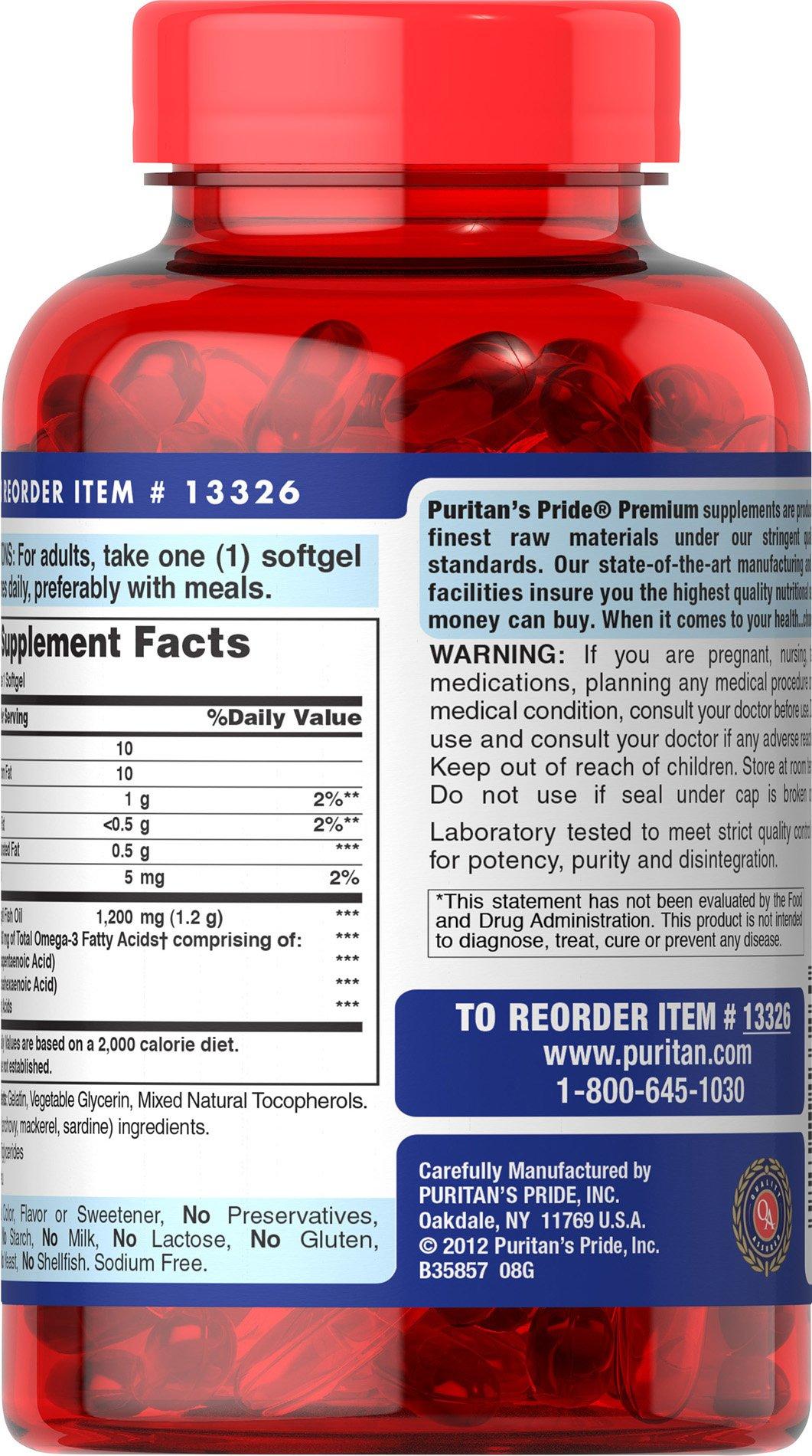 Puritan\'s Pride Puritans Pride Nutritional Softgels, Omega-3 Fish Oil, 1200 mg, 100 Count