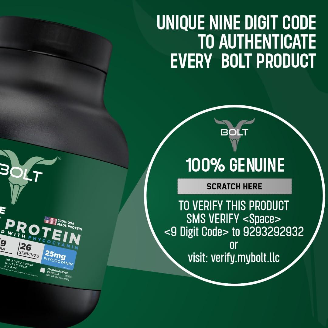 Bolt Bolt Biozyme Plant Protein | Vegan Protein with Superfood PHYCOCYANIN and Ayurvedic Herbs | Complete Amino Acid Profile for muscle Support and Recovery | 2Lb/32oz, 26 Servings | Madagascar Vanilla
