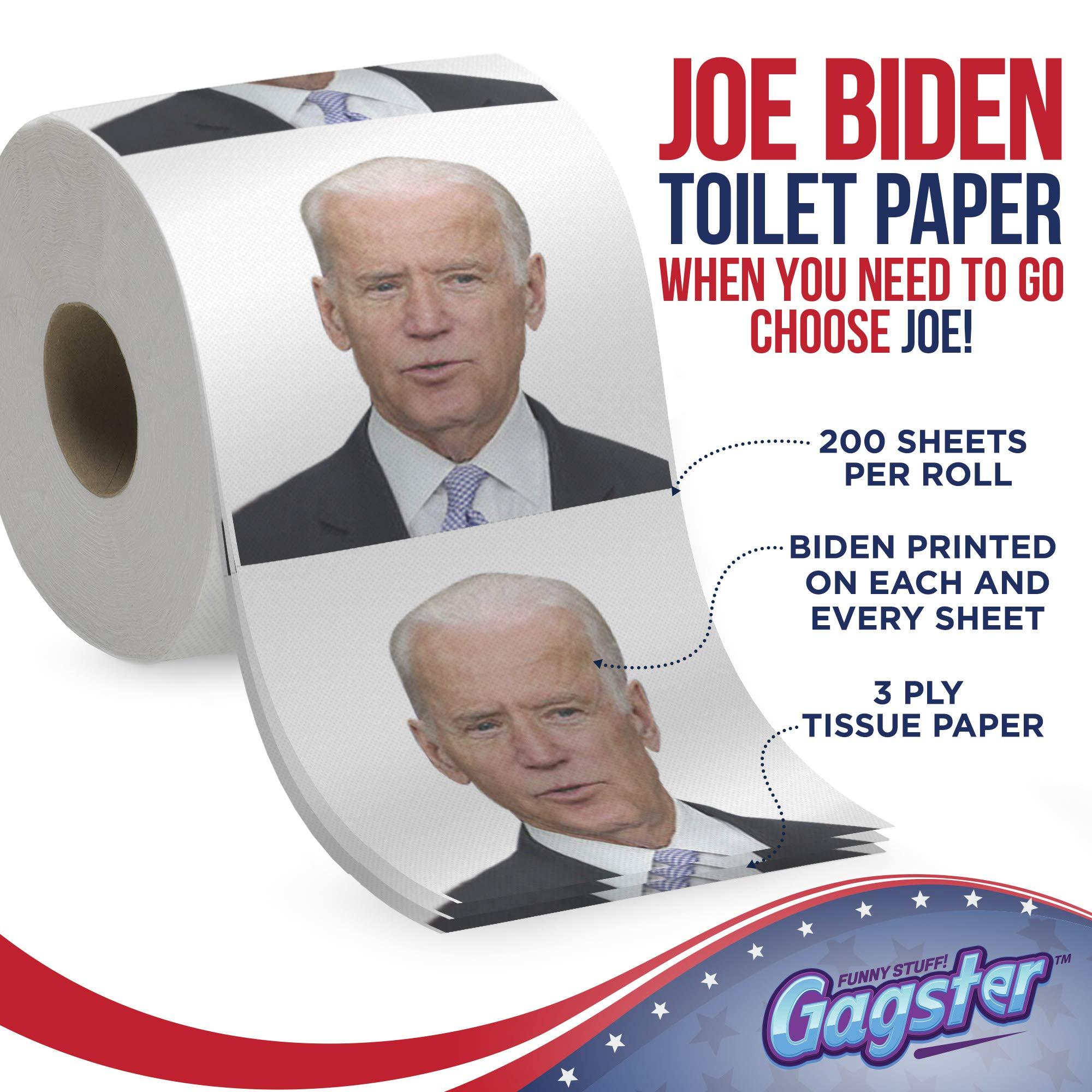 Gagster Joe Biden Toilet Paper Roll - Funny Political Novelty Gag Gift - 3 Ply Bathroom Tissue 200 Sheets in Each Roll - Laugh Out Loud Joke with Image Printed on Every Sheet | Hilarious White Elephant Idea