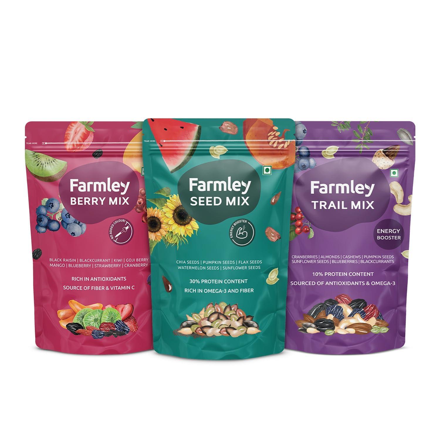 Farmley Farmley Trail Mix Dry Fruits 200g | Dried Berry Mix 200g | Protein Rich Seed Mix 200g | Total 600g | Mix Dry Fruit Snack Combo