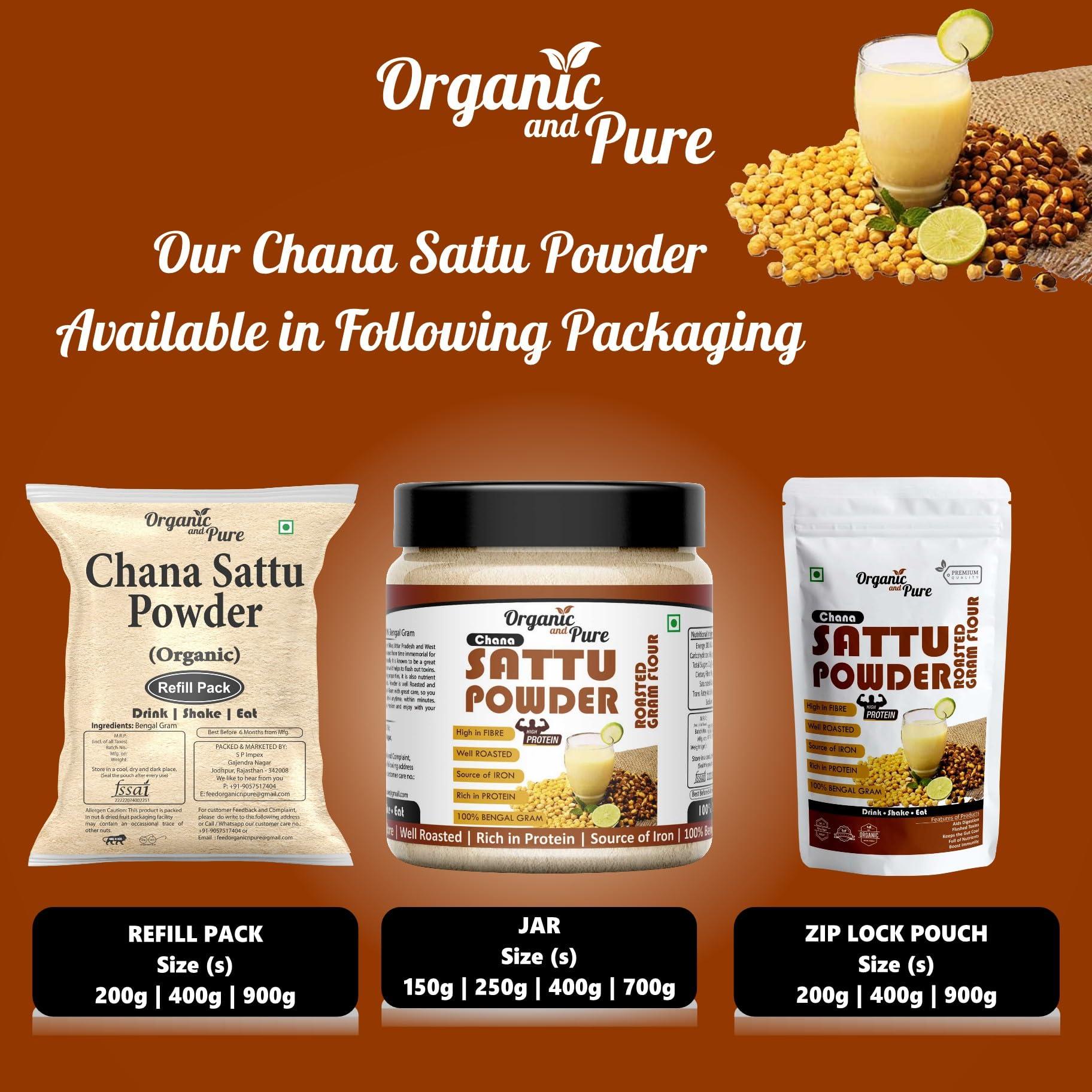 Organic and Pure Organic and Pure Chana Sattu Powder | Chana Ka Sattu | Roasted Gram Flour for Drink, Weight Gain, Protein, Muscle Gain (Jar Pack) (150g)