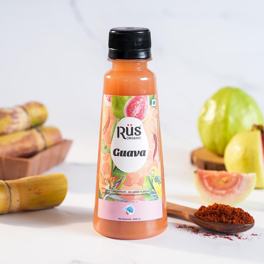 Rus Organic Rus Organic Guava Juice - Cold Pressed Juice - Pack of (8 x 200 ml) Bottle -Rich In Vitamin C - Natural Antioxidants | No Added Sugar, No Concentrate & No Flavors | 100% Pure Fruit Juice Pack