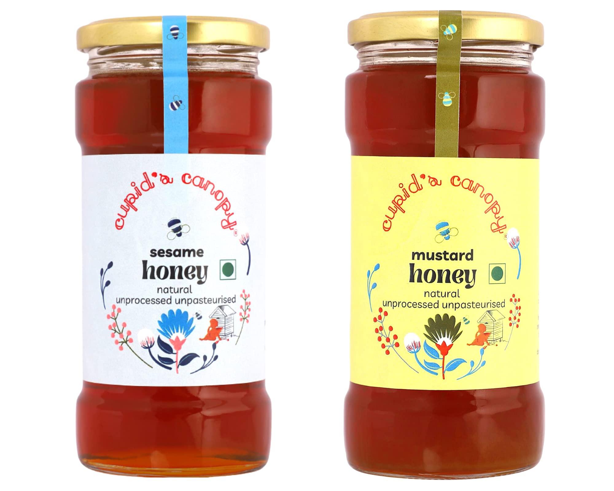 cupid's canopy CUPID'S CANOPY SUPER SAVER PACK Sesame honey 1 x 500gms Mustard honey 1 x 500gms NATURAL | UNPROCESSED | UNPASTEURISED Glass jar