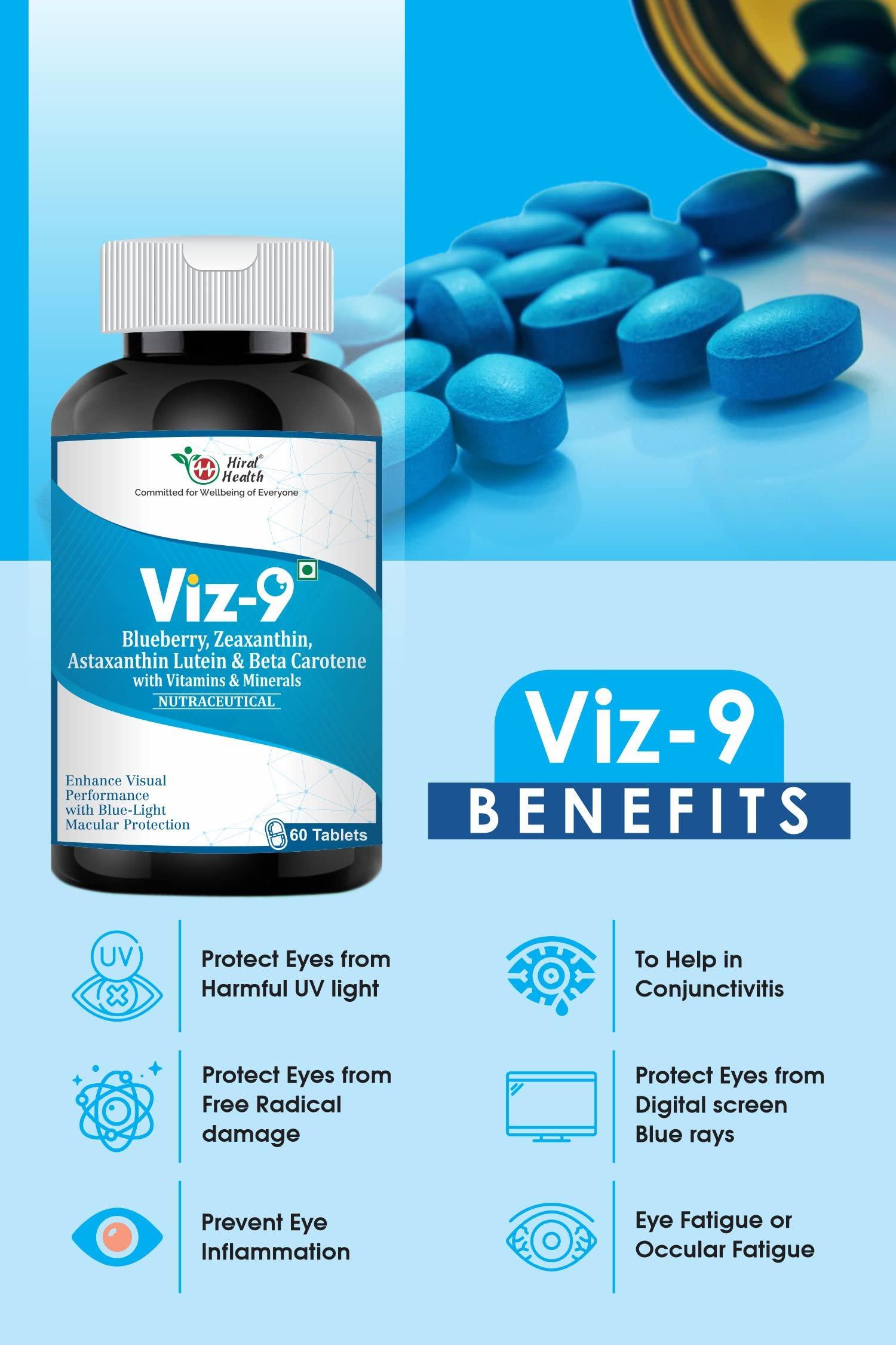 Hiral Health Hiral Health\'s Viz-9 Tablets: Advanced Eye Vitamin with Lutein, Zeaxanthin, Astaxanthin, and Vitamin A eye supplements to improve vision, Protect from Blue Light and UV Rays (60 Tabs)