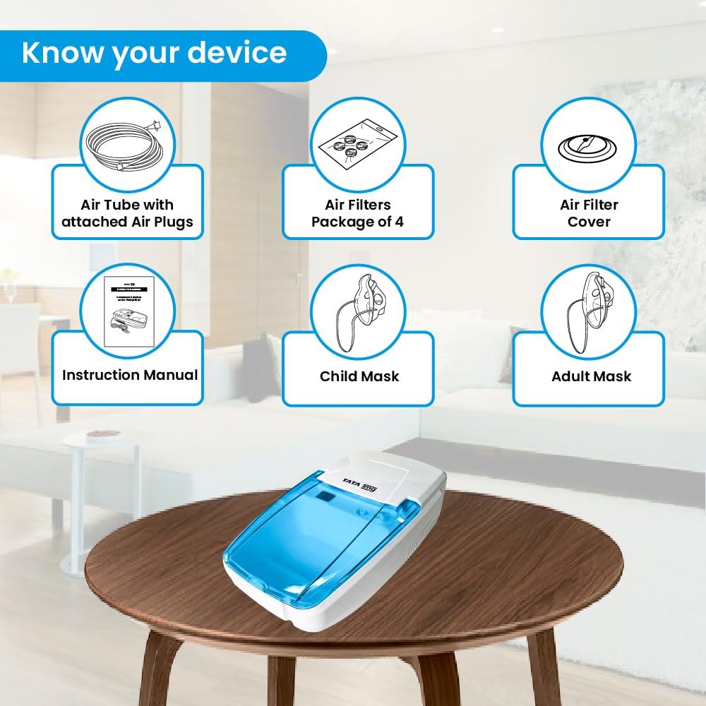 TATA 1MG Tata 1mg Compressor Nebulizer for Kids and Adults with 5 attachments for effective medication delivery