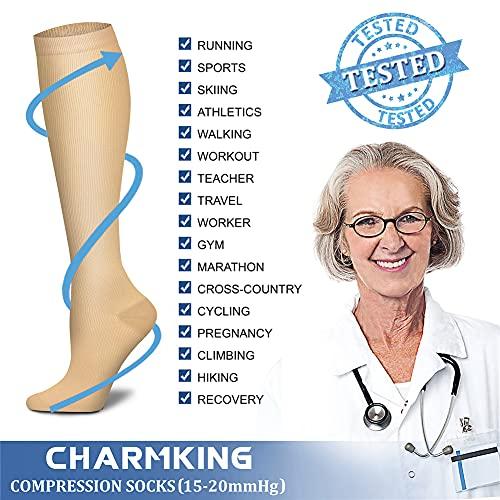 CHARMKING CHARMKING Compression Socks (3 Pairs) 15-20 mmHg is Best Athletic & Medical for Men & Women, Running, Flight, Travel, Nurses, Edema - Boost Performance, Blood Circulation & Recovery (S/M, Nude)