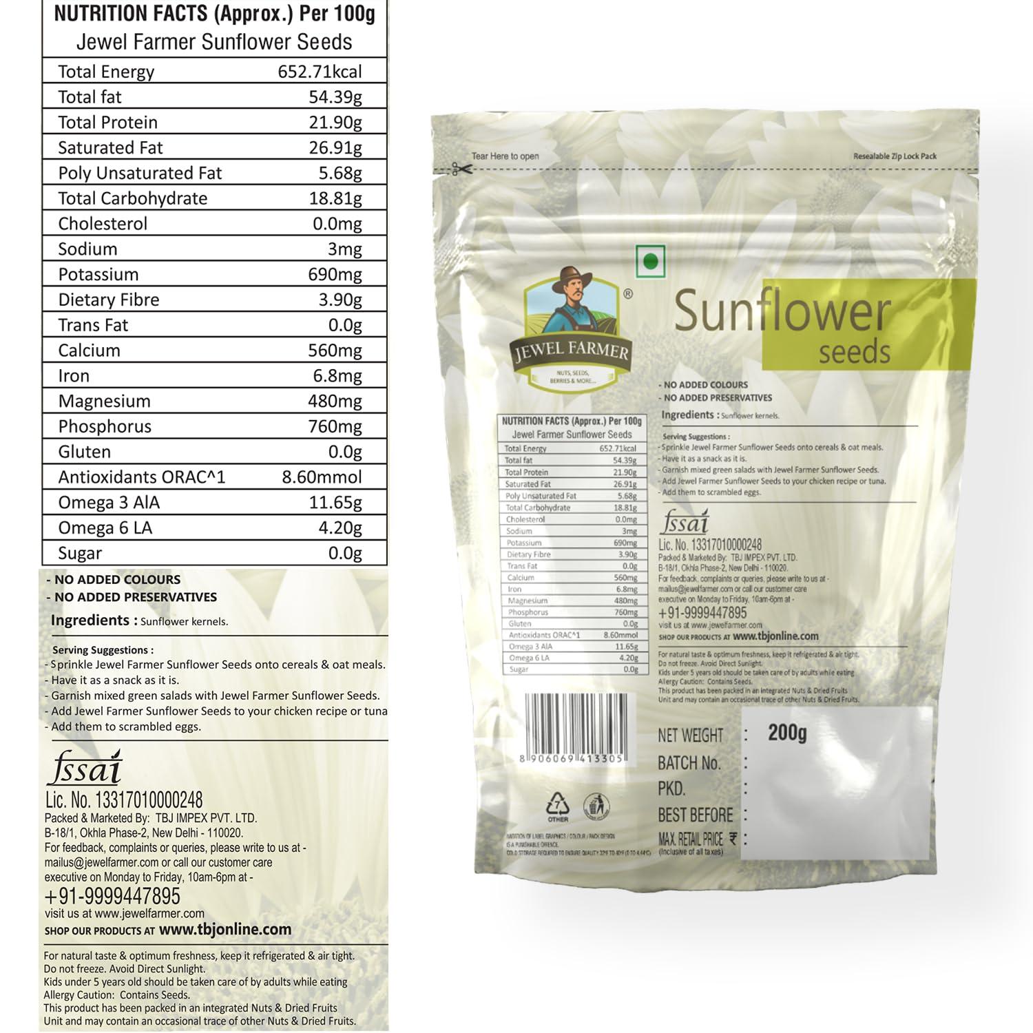 JEWEL FARMER JEWEL FARMER Sunflower Seeds, Raw Superfood Pack, Rich in Protein, Fiber & Vitamin E Rich Nutritious Snack with 100% Natural Taste (200g)