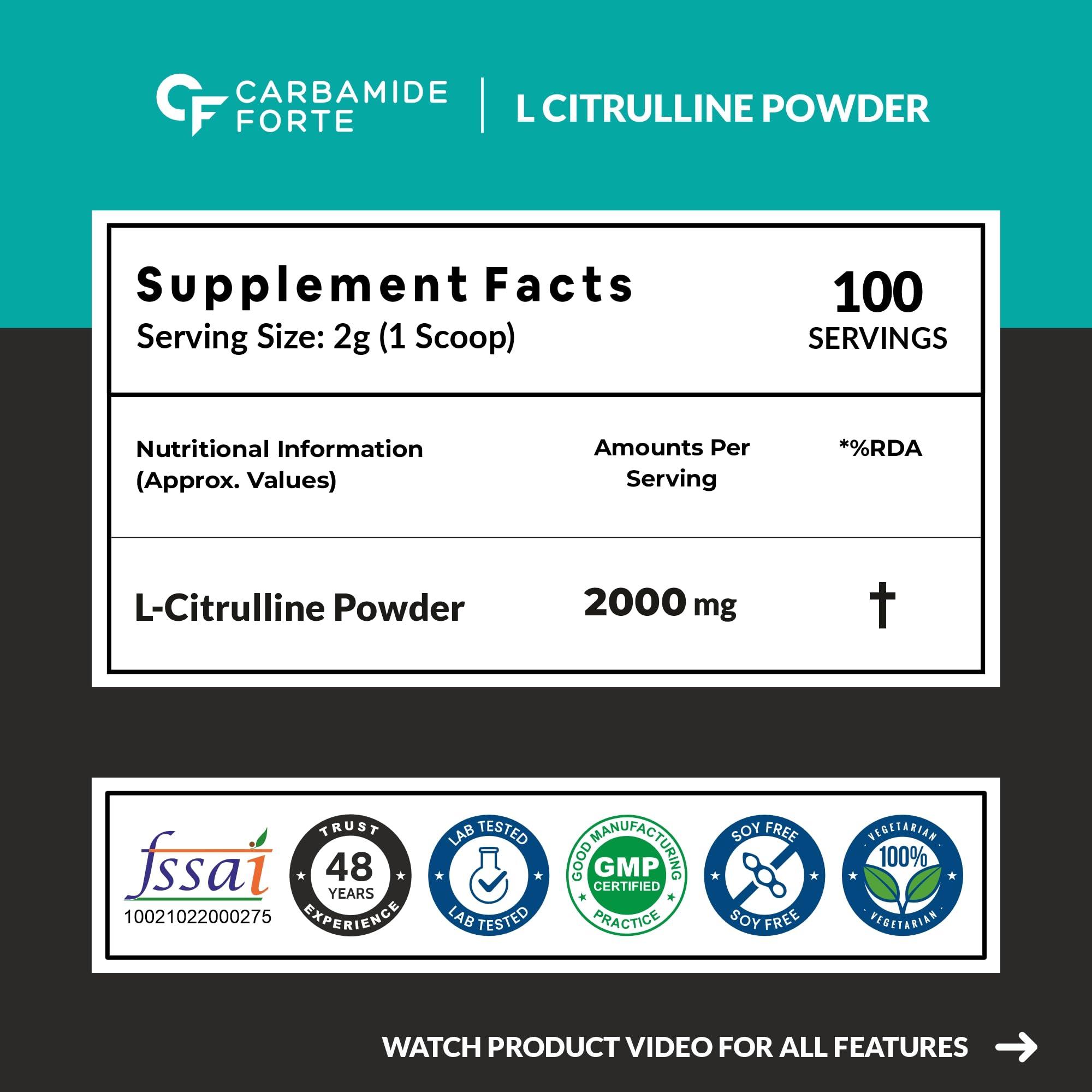Carbamide Forte Carbamide Forte L Citrulline Powder 2000mg | Boosts Nitric Oxide, Pre Workout Supplements for Men & Women - Unflavoured - 100 SERVINGS - 200g