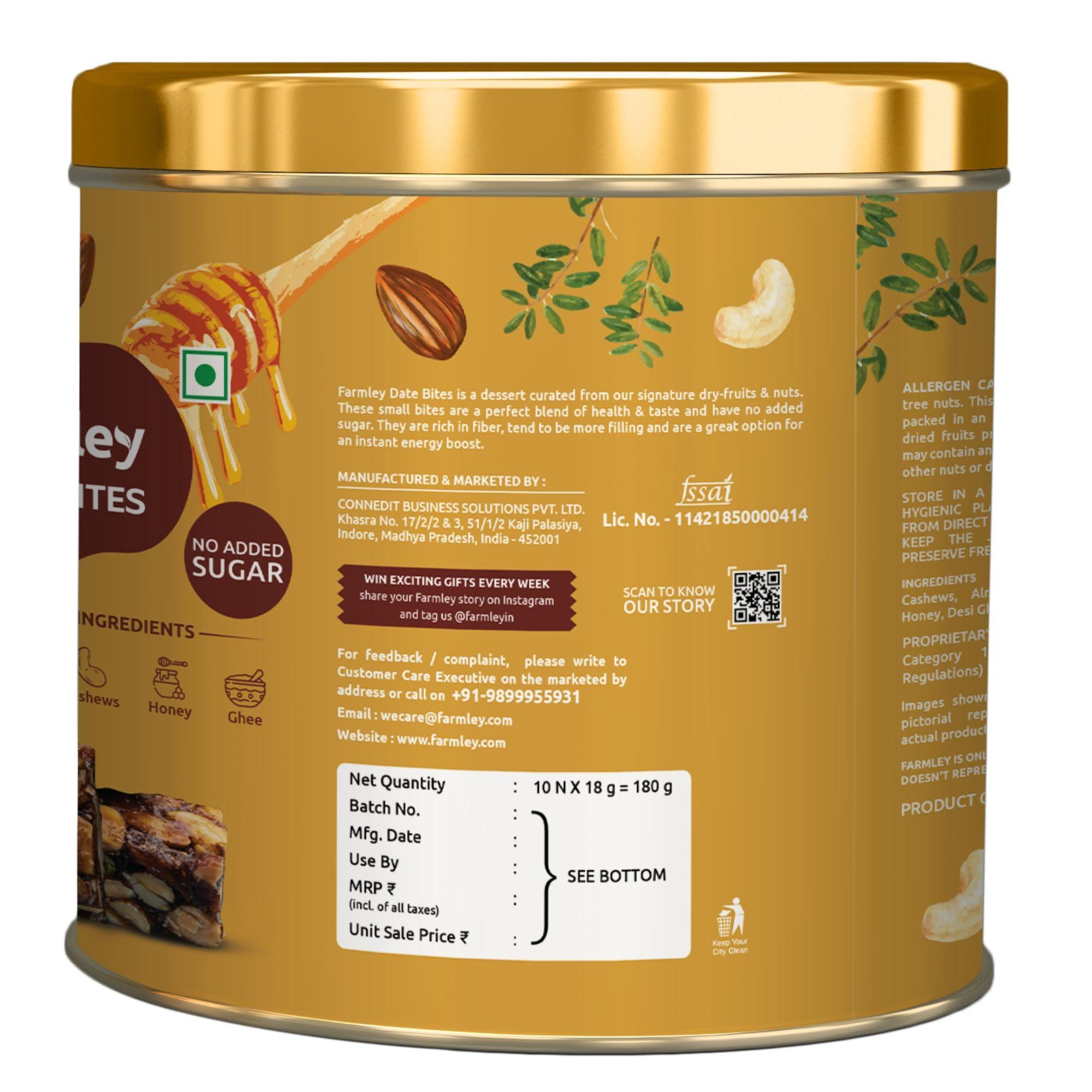 Farmley Farmley Date Bites I 360 gram I Dates Barfi Made with Dates, Pista, Cashews, Almonds, Honey and Pure Ghee I Dry Fruits Nuts, Healthy Delicious Indian Sweets, No Added Sugar, (180 g, Pack of 2)