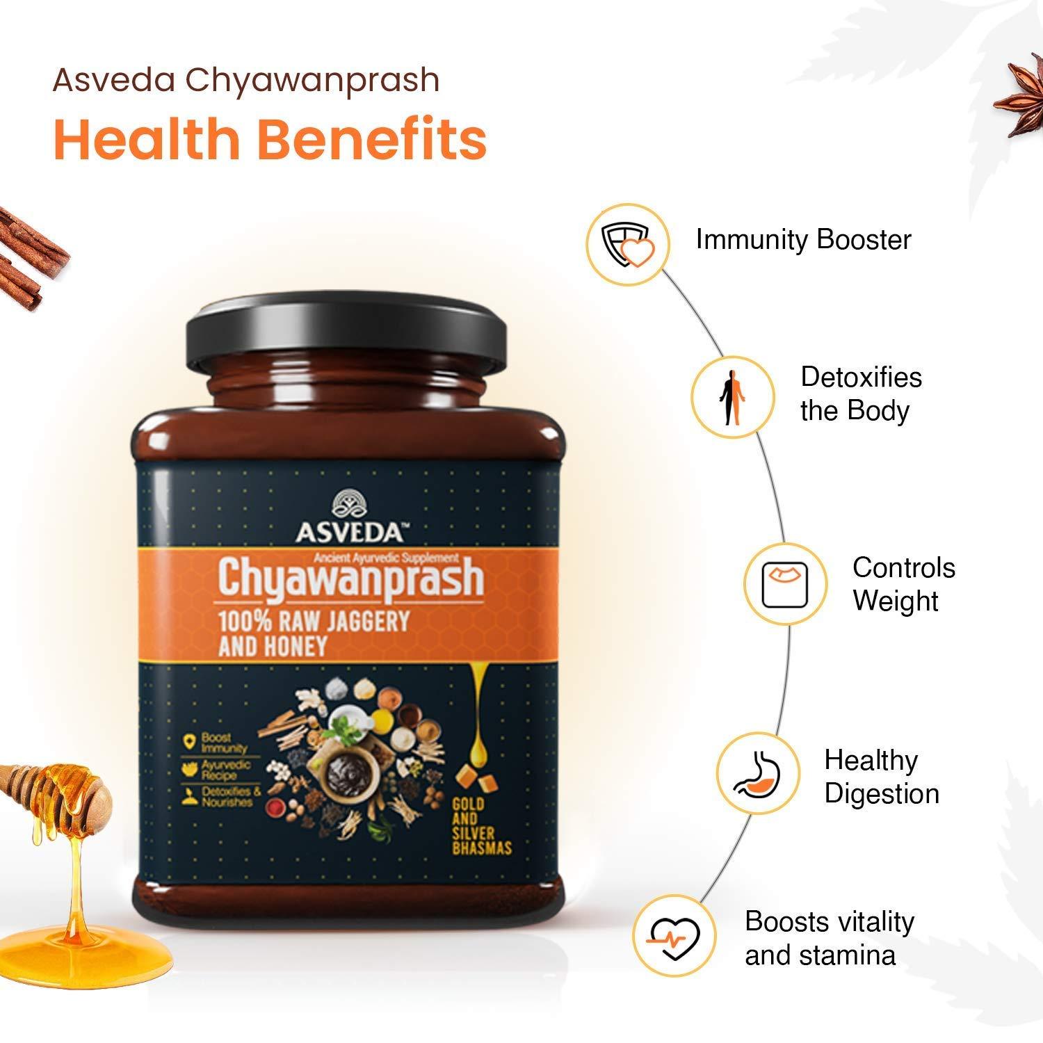 Asveda Asveda Adults and Kid's Sugar Free Chyawanprash with Sona Chandi Bhasma, Jaggery & Raw Honey in Glass Jar for Immunity Booster (1 Kg, 500 gm Each) - Pack of 2