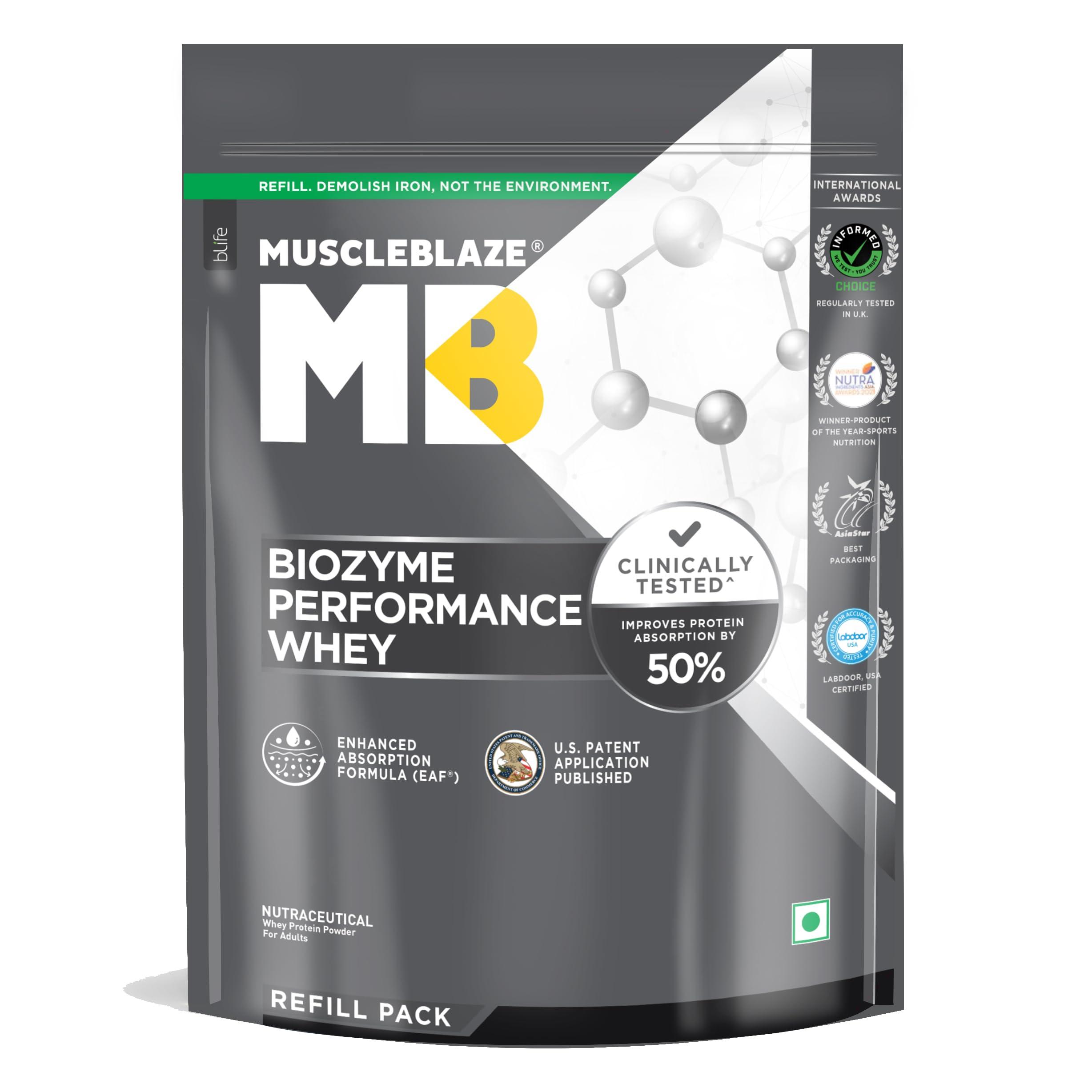 MuscleBlaze MuscleBlaze Biozyme Performance Whey Protein | Clinically Tested 50% Higher Protein Absorption | Informed Choice UK, Labdoor USA Certified & US Patent Filed EAF (Rich Chocolate, 1 kg Refill Pack)