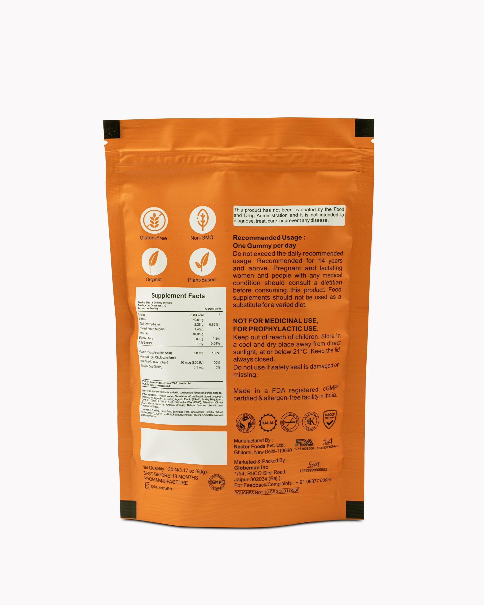 The Health Affair The Health Affair Vitamin C, D3, and Zinc Gummies | Orange flavoured Organic Vegan (30N) | Gluten-Free for Immune System Support, Bone Health and Antioxidant Defense