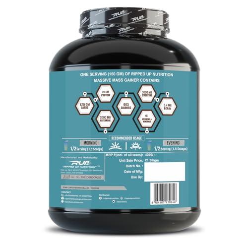 Ripped Up Nutrition Ripped Up Nutrition Massive Mass Gainer 2.72 kg- Gain More Muscle Size & Sturdy Physique with a High-Calorie Formula- Dark Chocolate Flavour