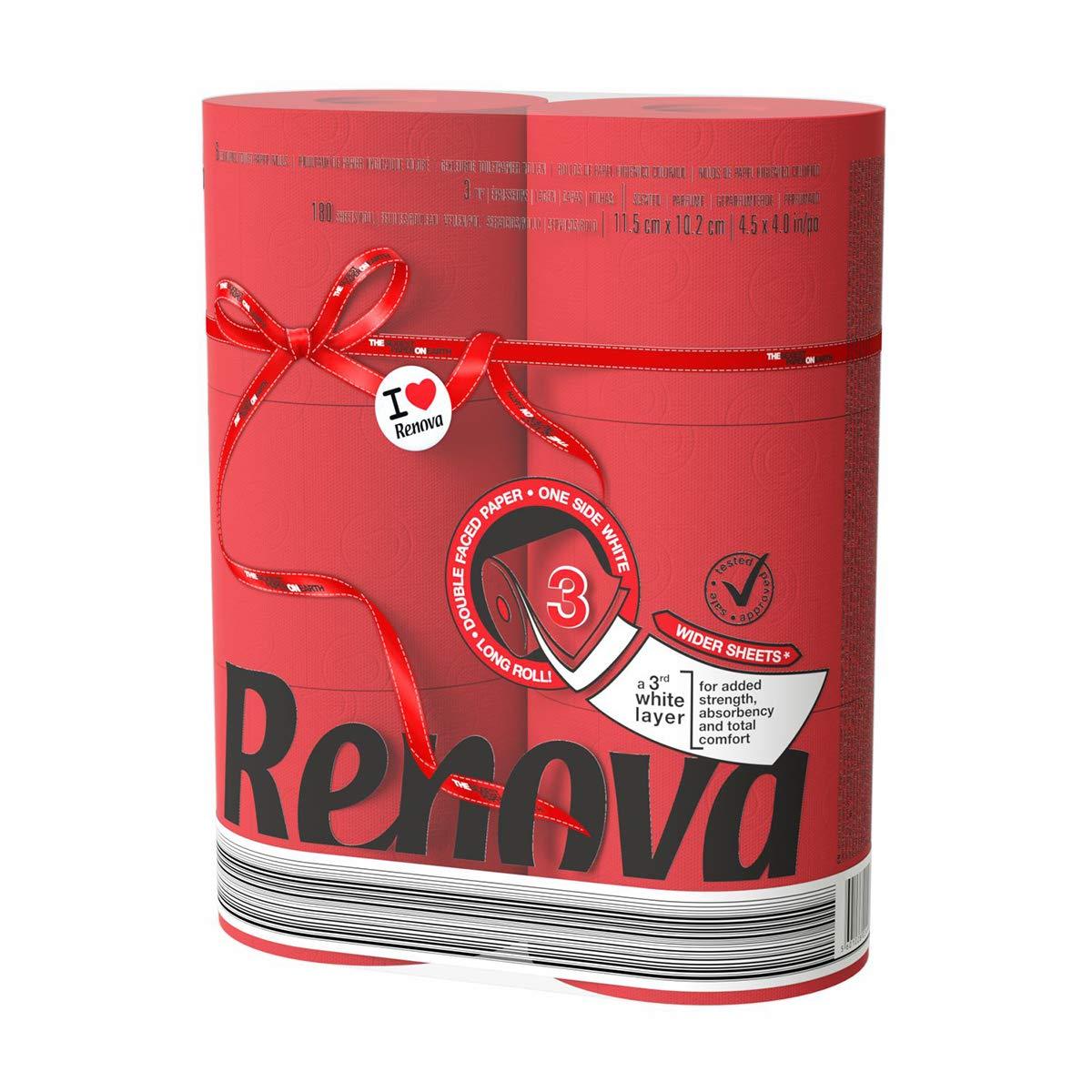 Renova Renova Red Toilet Paper, 6 Rolls, 3-Ply, Colored & Scented, Soft, Dermatologically & Gynaecologically Tested, 180 Pulls/Roll, 1080 Sheets