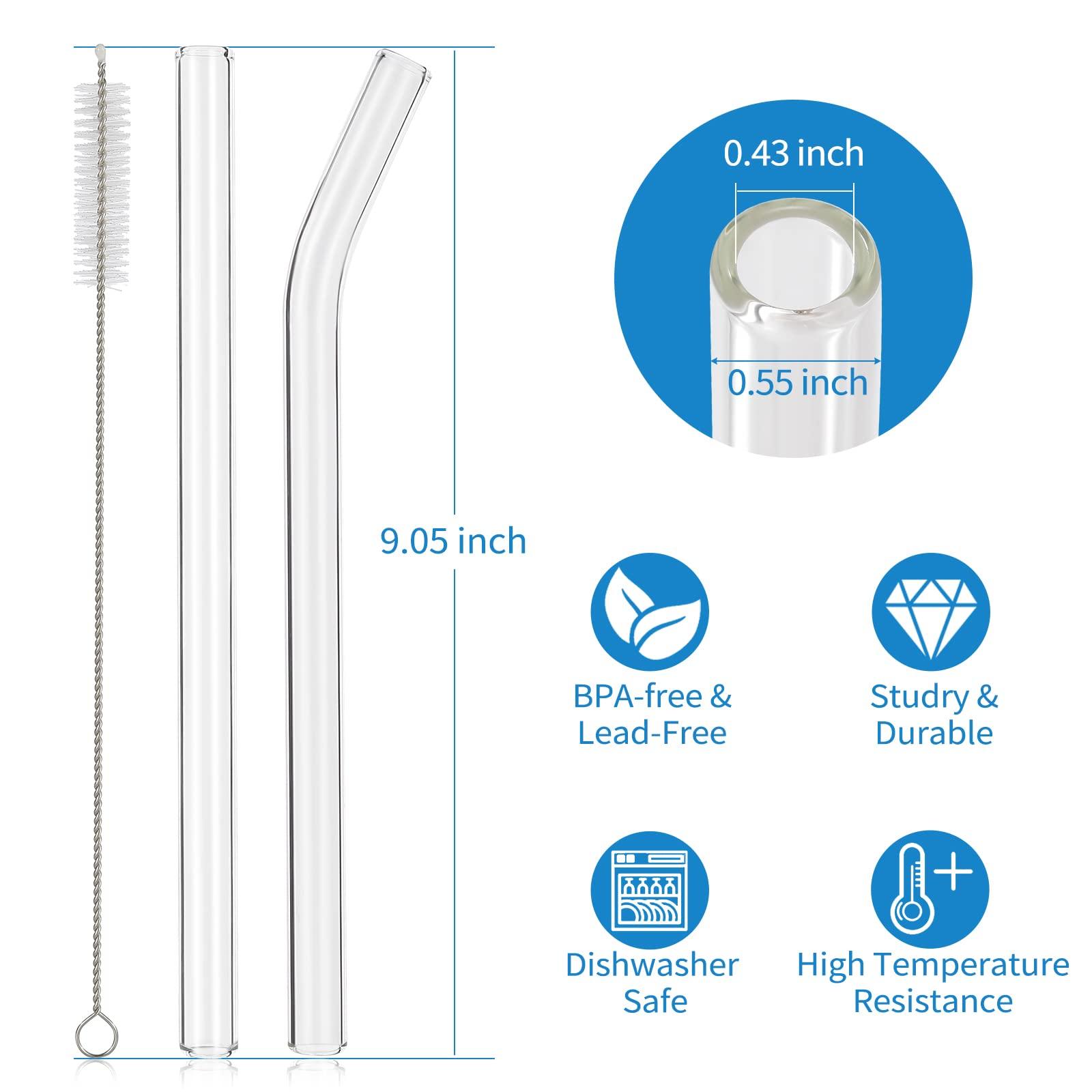 RENYIH RENYIH 10 Pcs Reusable Boba Straws,9.05\'\'x14 mm Wide Glass Drinking Straws Smoothie Straws for Bubble Tea, Milkshakes, Juice,Set of 5 Straight and 5 Bent with 2 Cleaning Brushes -Dishwasher Safe