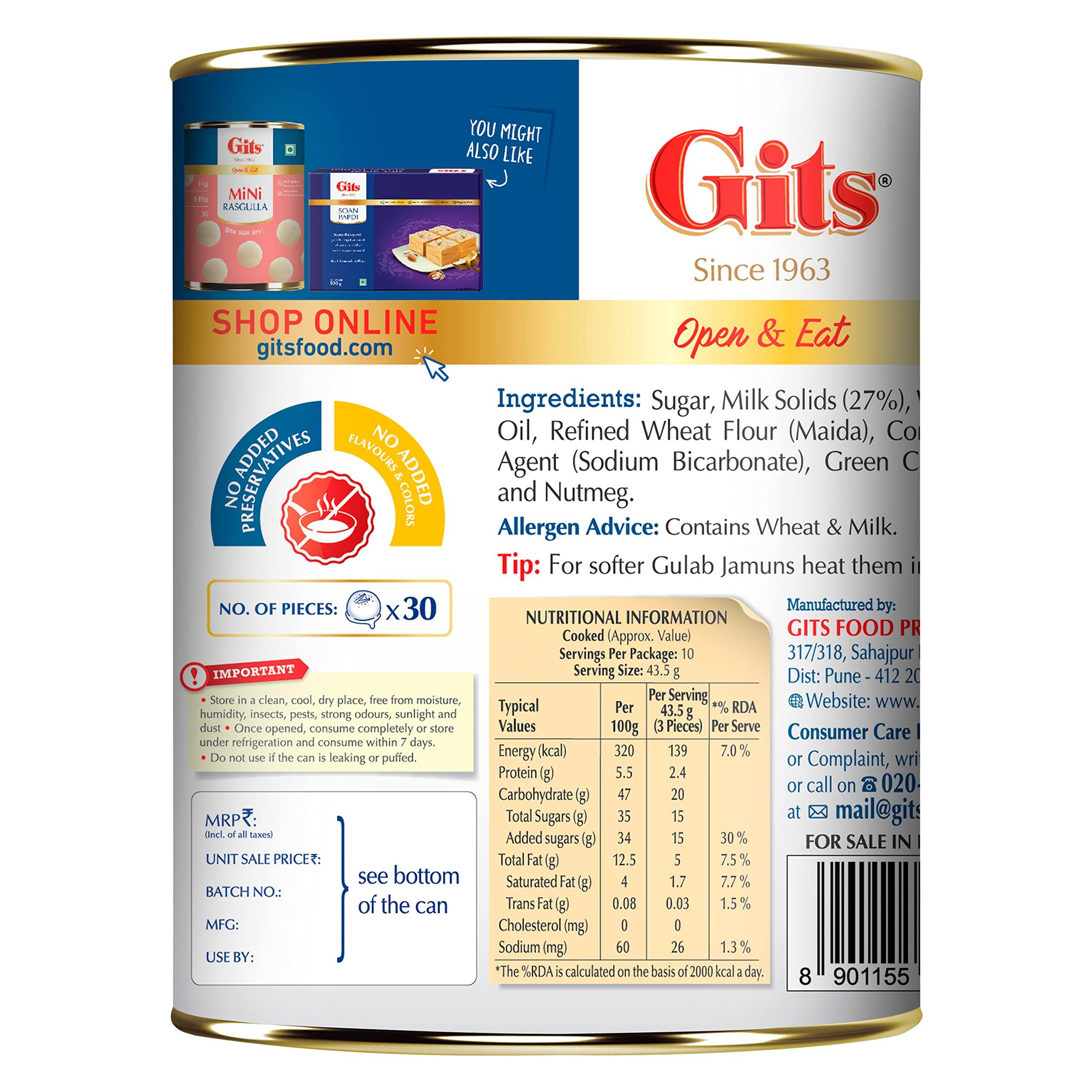 Gits Gits Open & Eat Mini Gulab Jamun, 30 Pieces Per Can, Mouth-Watering Indian Mithai, 2Kg (Pack of 2 x 1Kg Each)