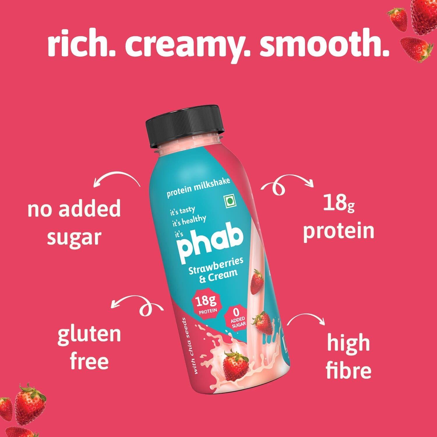 Phab Phab Strawberry Protein Milkshakes(200Ml, Pack Of 24) With 18G Protein & No Added Sugar | Gluten-Free & Gut-Friendly, Trans Fat Free | Healthy & Delicious Protein Shake