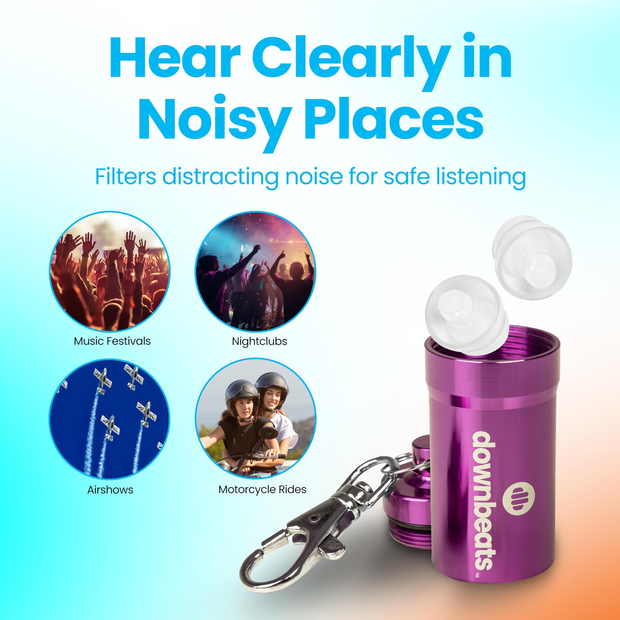 DownBeats DownBeats Reusable High Fidelity Hearing Protection: Ear Plugs for Concerts, Music, and Musicians (Clear Ear Plugs, Purple Case)