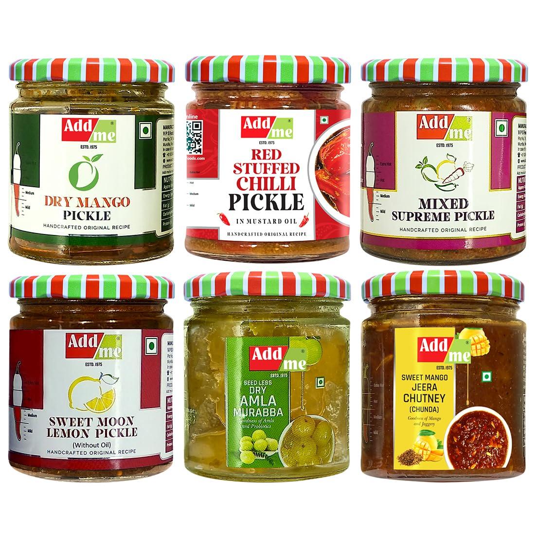 Add me Add me Combo Pickle Pack 6 In 1 Dry Mango Achar 150Gm + Mixed Pickles 200Gm + Amla Murabba 200Gm + Sweet Lemon Pickle 200Gm + Lal Mirchi Ka Achar 200Gm + Sweet Mango Jeera Chutney 200Gm Glass Jar