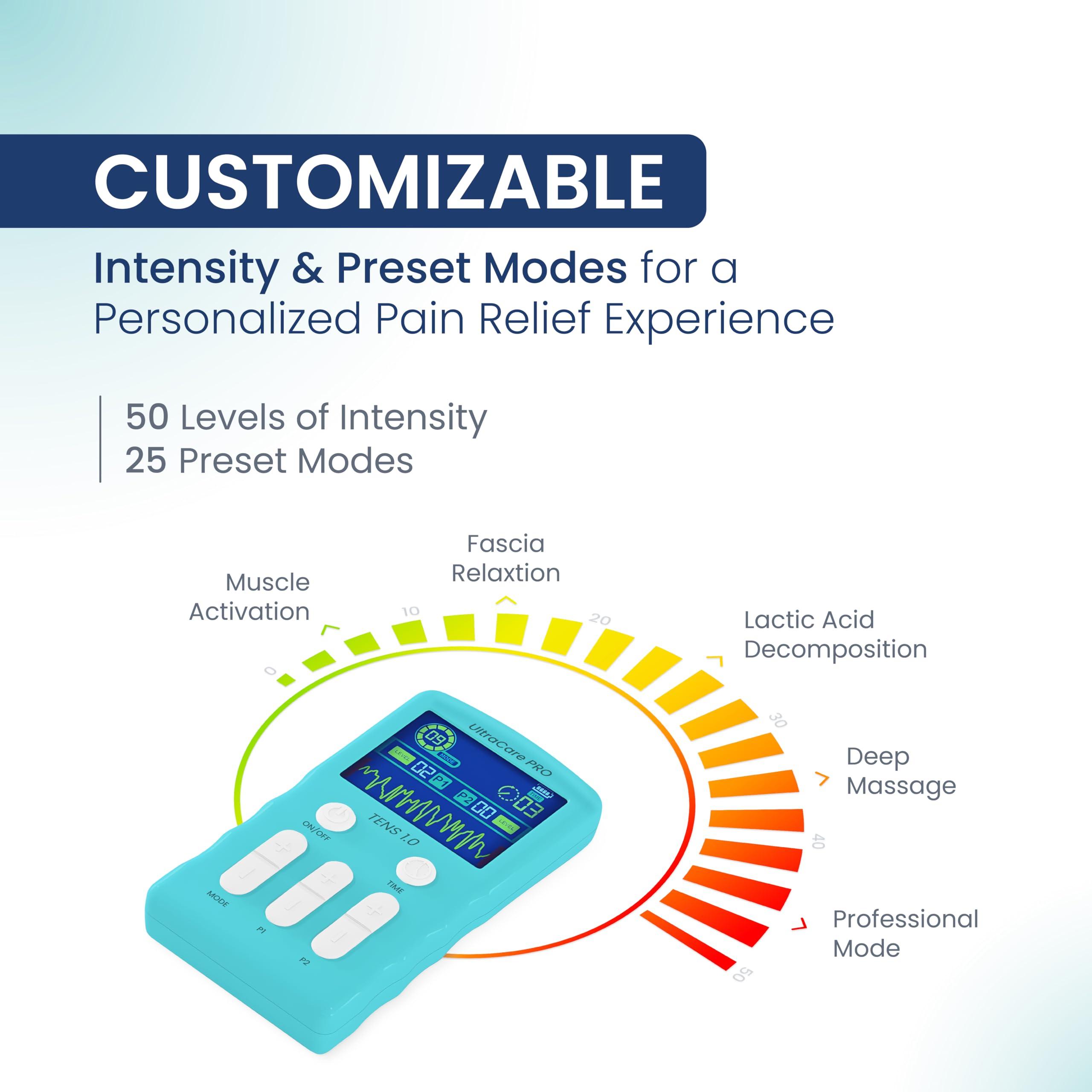 UltraCare PRO UltraCare PRO TENS 1.0 (QUAD) - TENS Machine for Physiotherapy - Joint & Muscle Pain Relief - 25 Modes 50 Intensity Levels - Rechargeable - Dual Channel - Travel Friendly - Portable & Lightweight