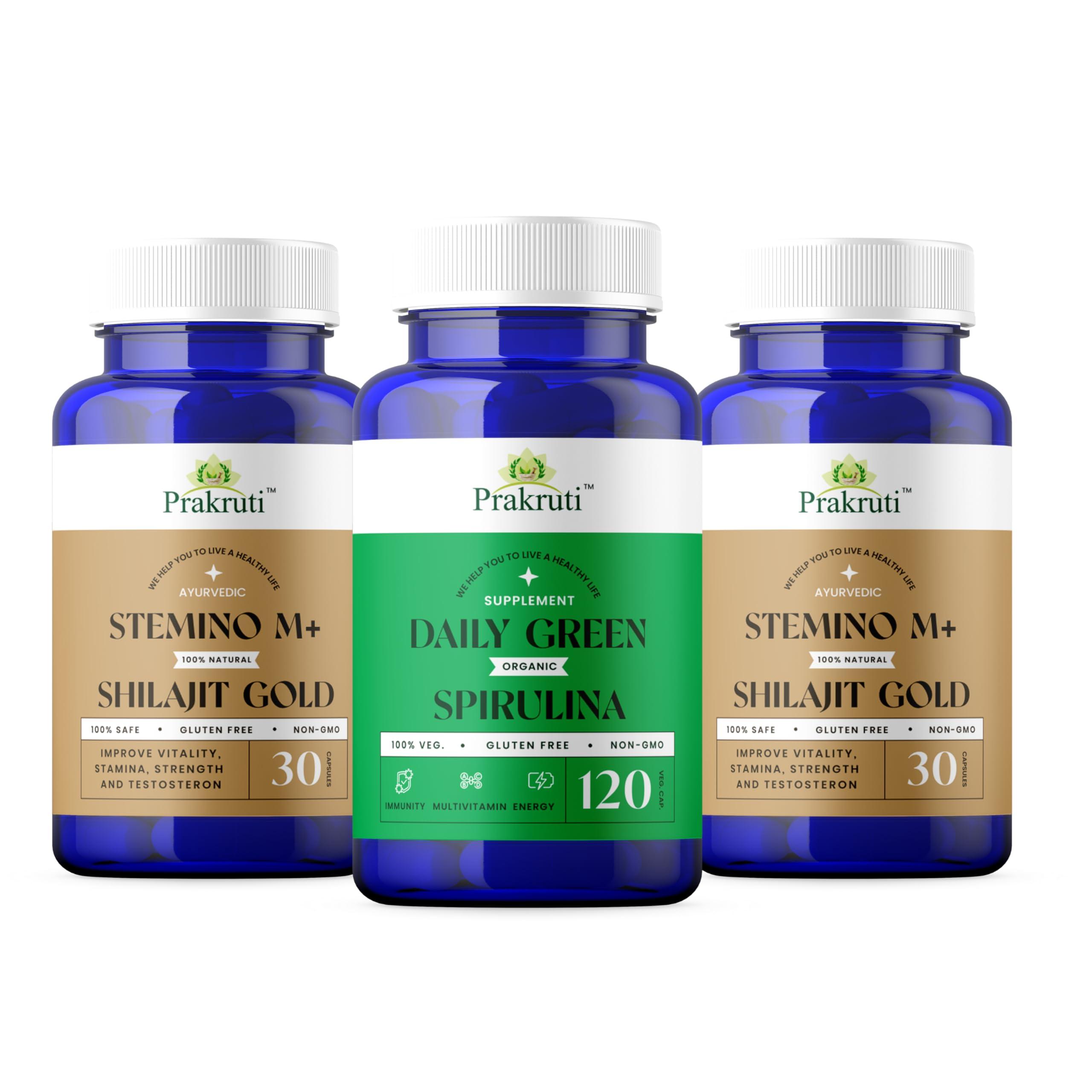 Prakruti Pure Herbs Prakuri Daily Greens Spiruina and Stemino M+ Shilajit Gold Combos | 100% Natural help to Immunity & Enegry Booster | Stamina & General Wellness