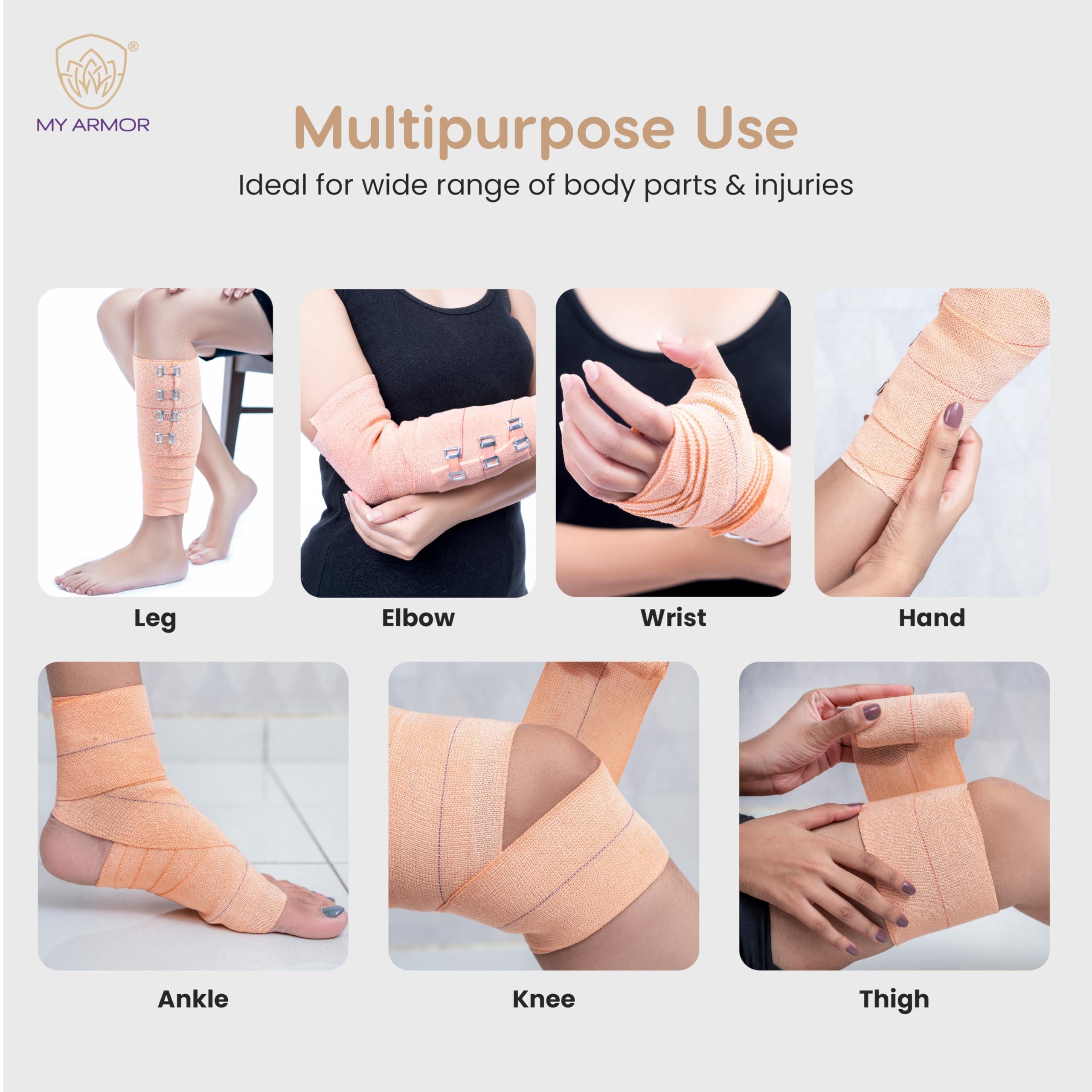 MY ARMOR MY ARMOR Cotton Crepe Bandage for Ankle, Legs, Knee, 8cm X 4mt, Pain Relief Garam Patti for Hand, Wrist, Knee, Thigh etc. for Injury & Muscle Compression, with 2 Extra Clips, Pack of 1