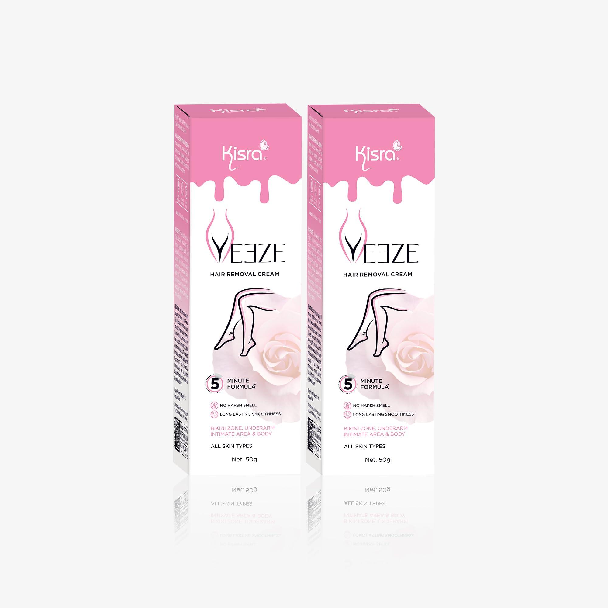 Kisra Kisra Veeze Hair Removal Cream with No Ammonia Smell, All Skin Types| Men & Women Ideal for Bikini Line, Underarms, Intimate Areas, Legs & Arms | 3X Longer Lasting Smoothness* | (2 X 50gm)