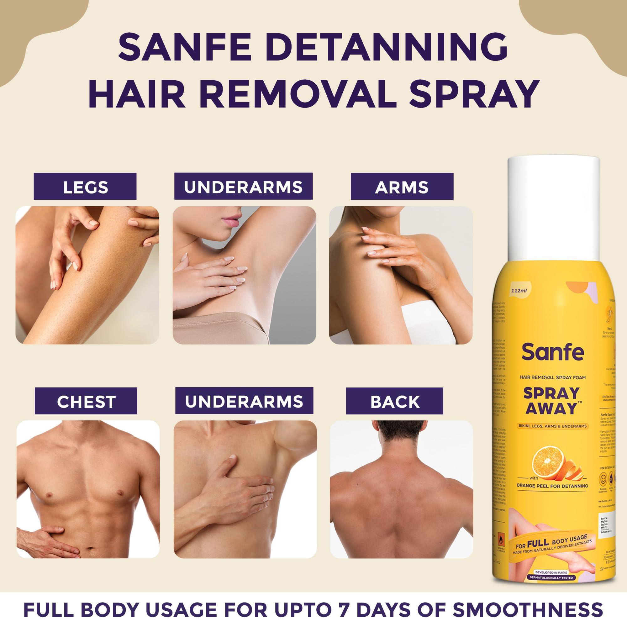 Sanfe Sanfe Painless & Detan Hair Removal Spray Cream - 112 ml | For Chest, Legs, Arms & UnderArm | Removes Hair in 10 Minutes with Skin Detan | Orange Peel, Aloevera, Vitamin E & Niacinamide | Dermatologist Tested