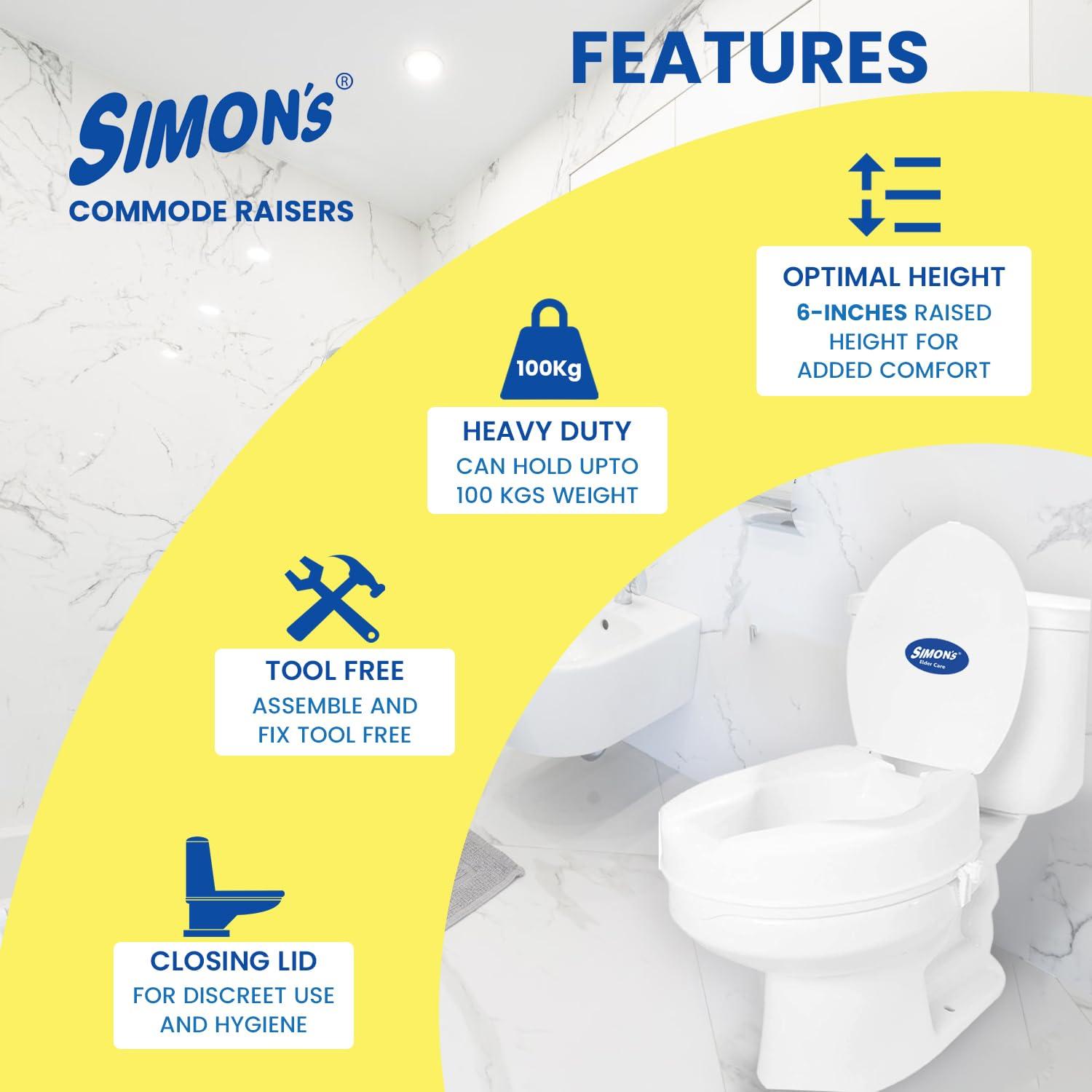 Simon\'s Simons Heavy-Duty 6 Inch Commode seat raiser with lid cover for elderly to sit and rise from commode toilets, portable seat extension for senior citizen with knee pain - Pack of 1