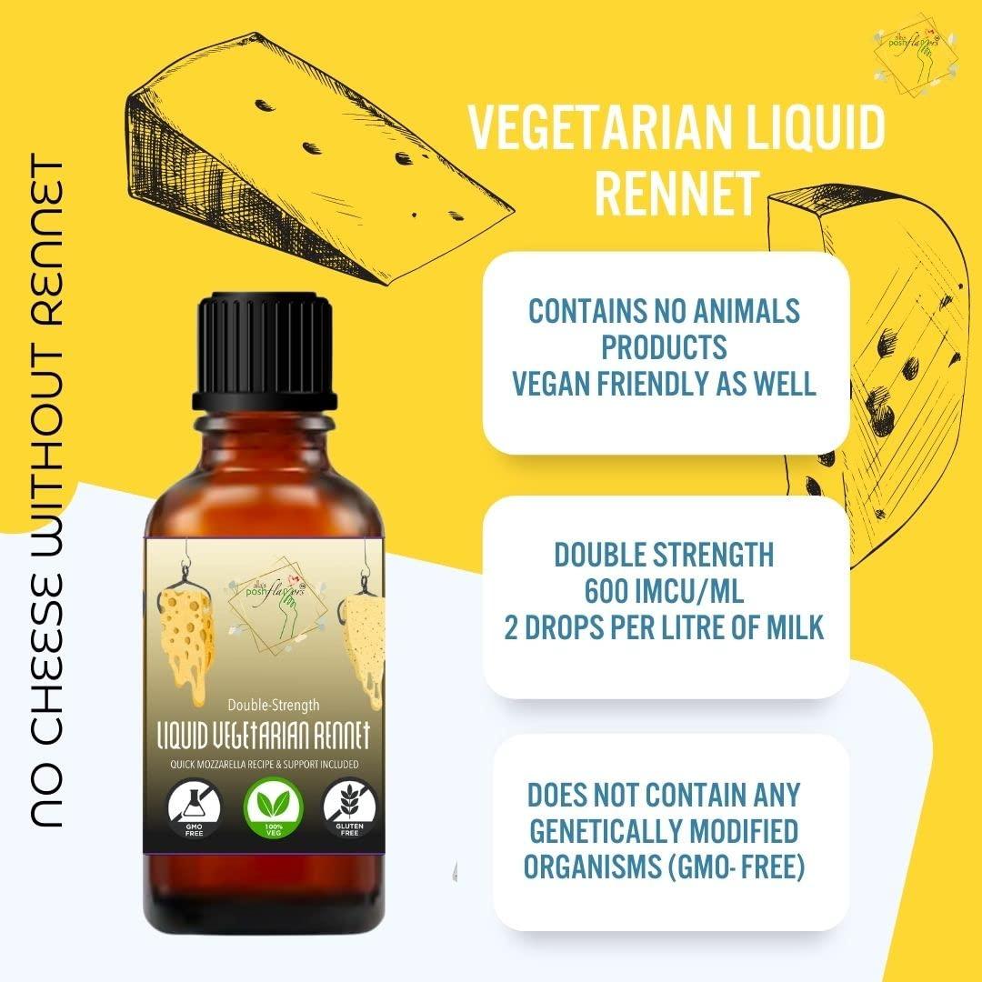 Alla's Posh Flavors Alla\'s Posh Flavors Cheesemaking Liquid Veg Rennet | 100% VEG | Make Mozzarella & Burrata starting from 1 Litre Milk | 3 drops per liter | 5 ml Plastic Dropper Bottle | Lab Tested (30ml)