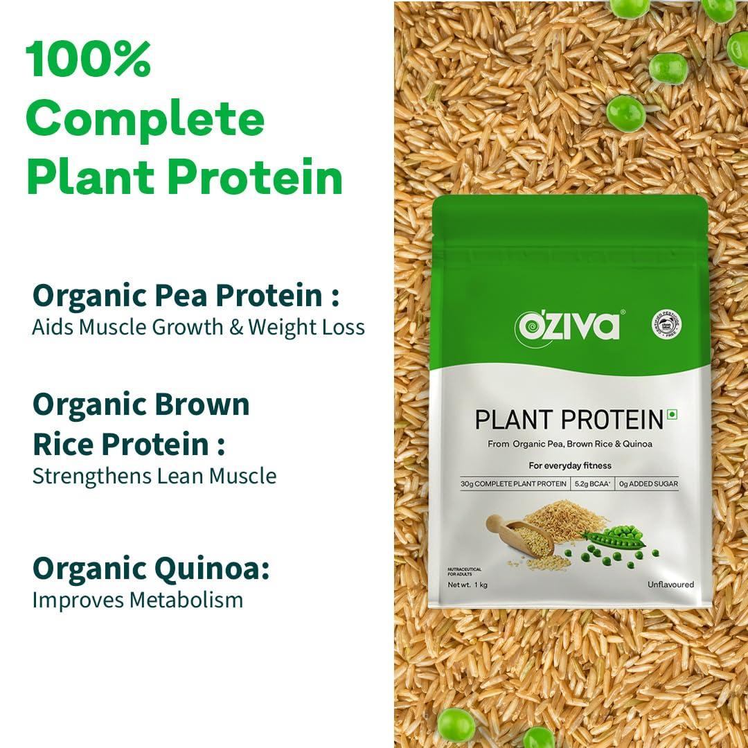 OZiva OZiva Organic Plant Protein for Everyday Fitness | 30g Protein - Pea Isolate | Complete Plant Protein Powder for Men & Women | No Added Sugar, Certified Clean & Vegan (Unflavoured, 1kg + shaker)