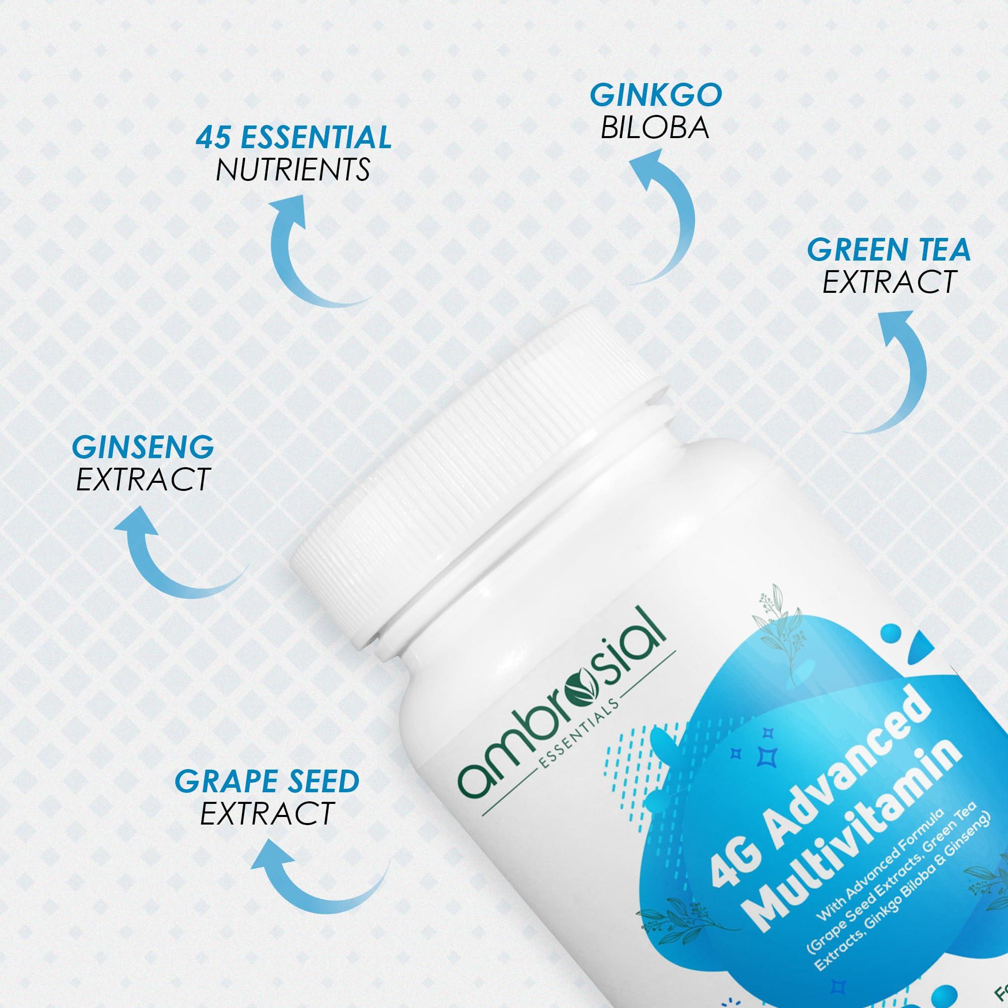 AMBROSIAL Ambrosial 4GAdvanced Multivitamin for Men| High Strength Multivitamin for Women with 45 Essential Vitamins & Minerals| Goodness of Ginseng Green, Tea, Vitamin B12, B7, B9, D3 (Pack of 2-120 Softgels)