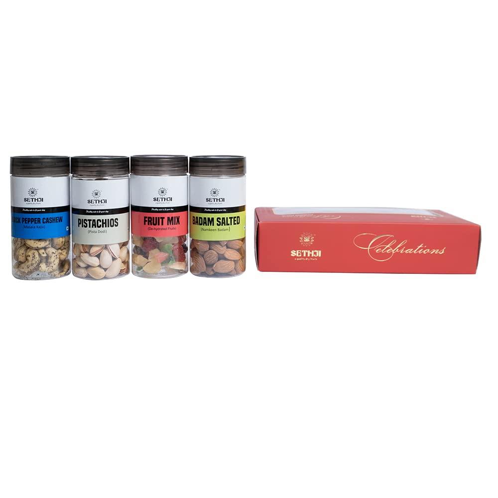 SETHJI SETHJI Premium Dry Fruits & nuts Celebration Box, 400g | Salted Cashew, Roasted Almonds, Pista & Fruit Cocktail | christmas gift hamper | christmas gift hampers | gift for christmas