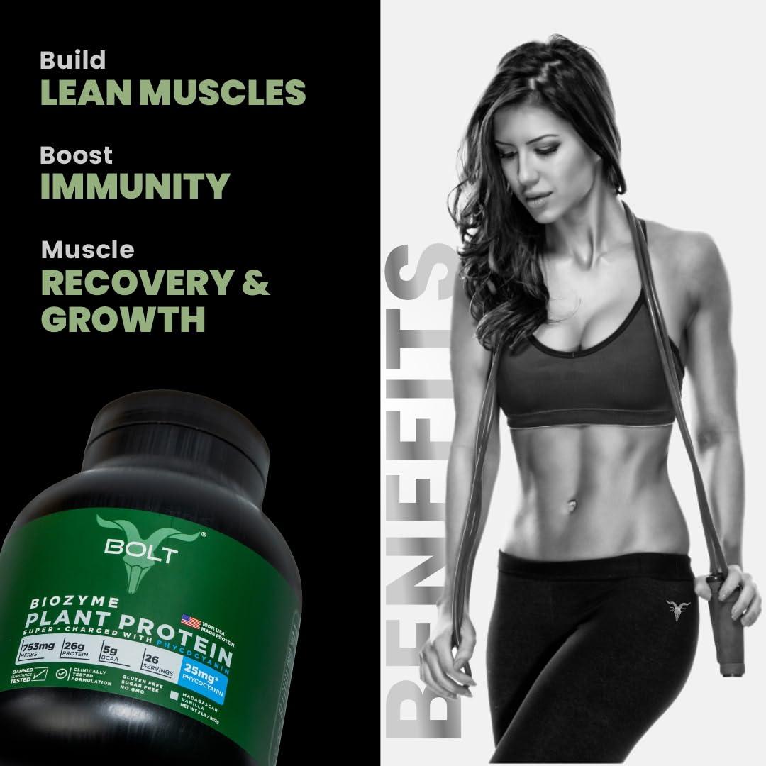 Bolt Bolt Biozyme Plant Protein | Vegan Protein with Superfood PHYCOCYANIN and Ayurvedic Herbs | Complete Amino Acid Profile for muscle Support and Recovery | 2Lb/32oz, 26 Servings | Madagascar Vanilla