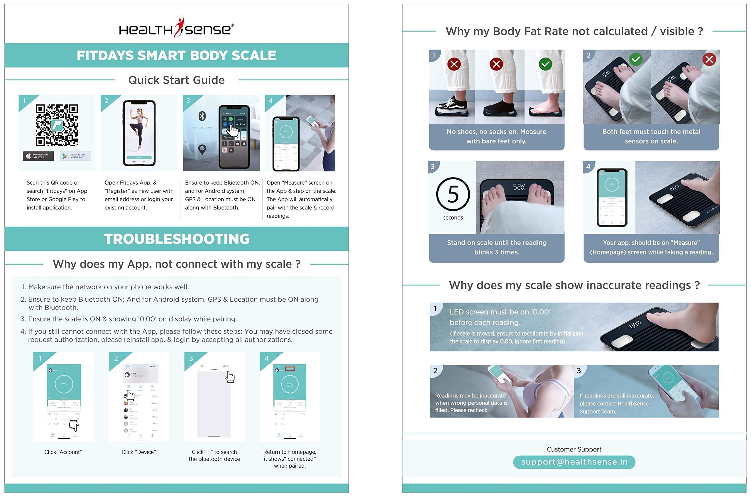 HealthSense HealthSense Bluetooth BMI Weight Machine for Body Weight, Digital Body Fat Analyzer Machine & Smart Body Composition Scale with Mobile App, 13 Body Composition, LED Display, BIA Technology & 1 Year Warranty - Fitdays BS 171