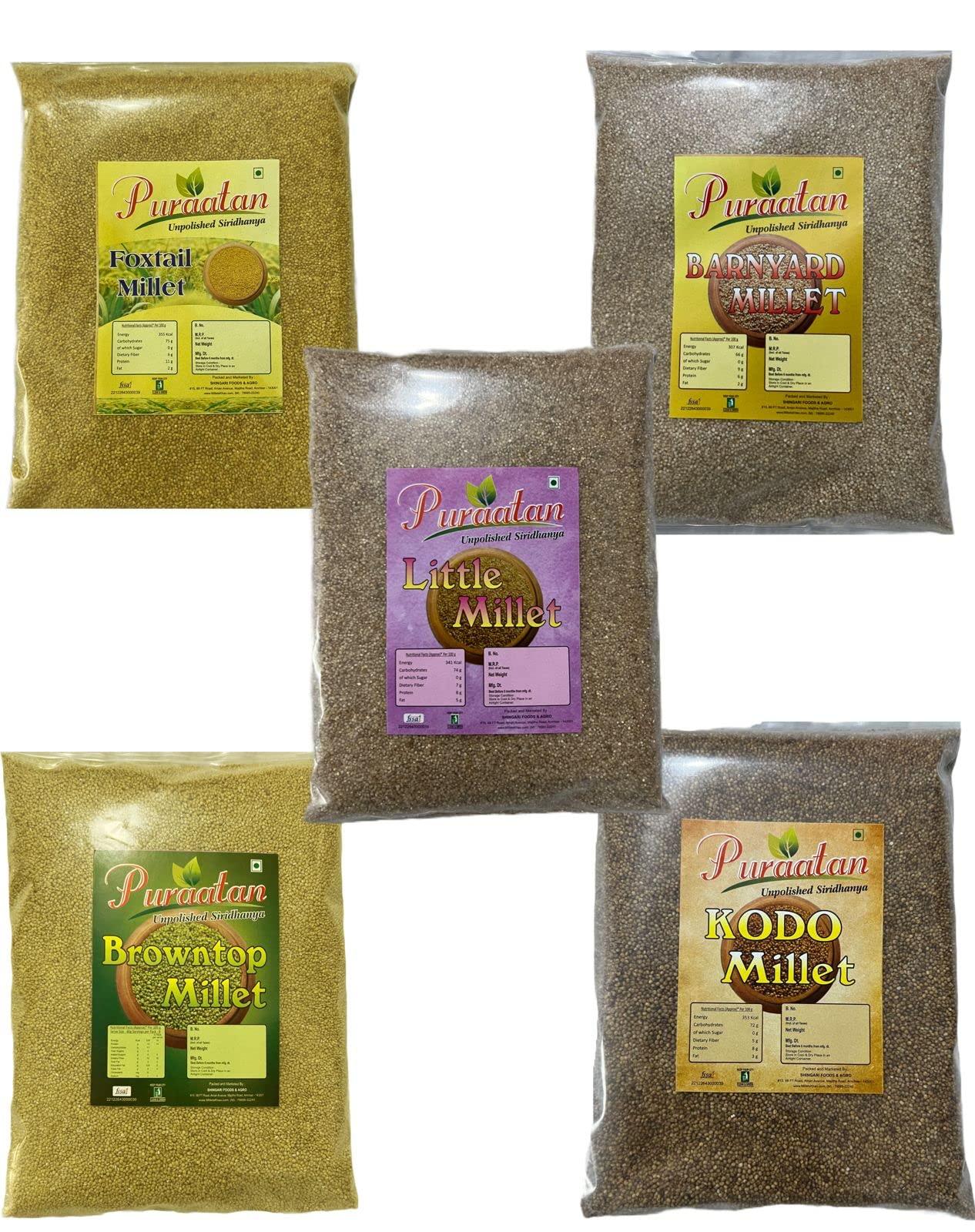 Generic Puraatan Unpolished Siridhanya Millets 3.75kg Combo | 750g Browntop Millet, 750g Kodo Millet, 750g Little Millet, 750g Barnyard Millet, 750g Foxtail Millet | Dr khadar vali 5 Positive Millets