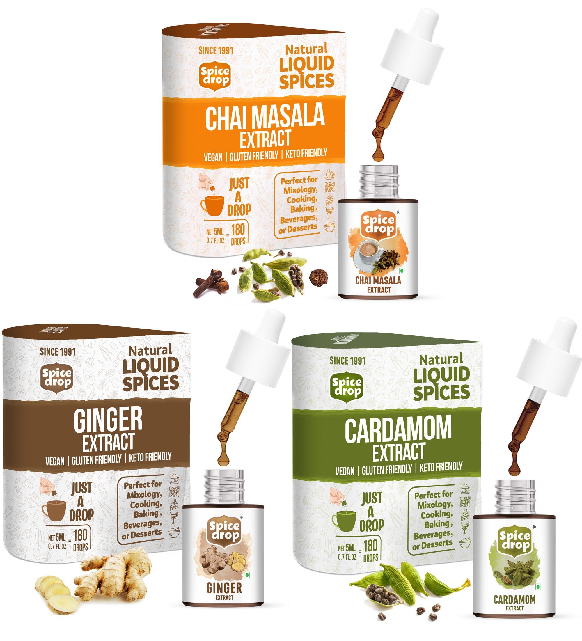 Spice Drop Spice Drop Chai Masala Tea Combo | Natural Extract of Ginger (Adrak), Tea Masala (Chai Masala) and Cardamom (Elaichi) | Food, Beverages and Dessert |1 Bottle 180 Drops (5 ML x 3 Packs)