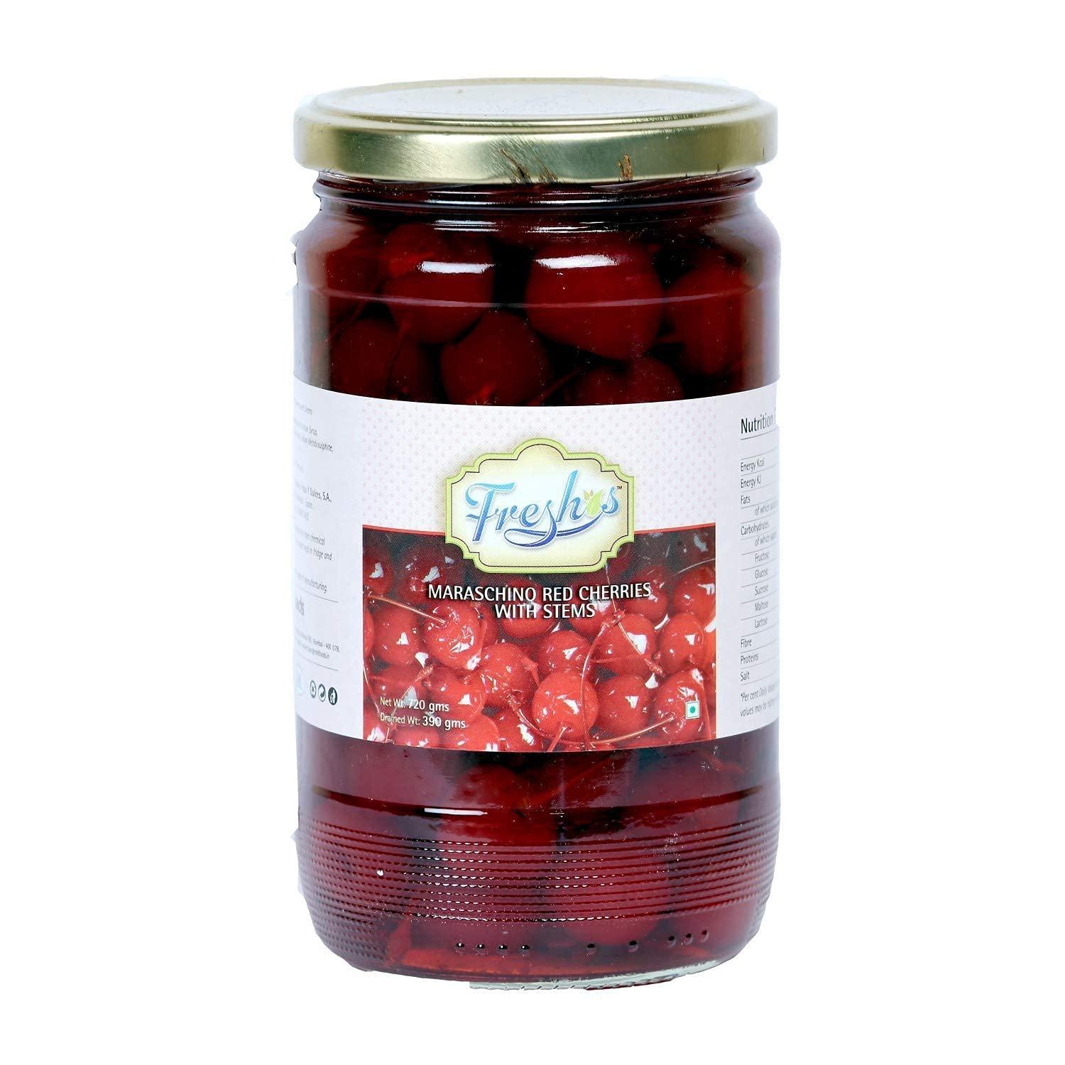 Freshos Freshos Maraschino Red Cherries with Stem, 720 ml, Red & White, Medium