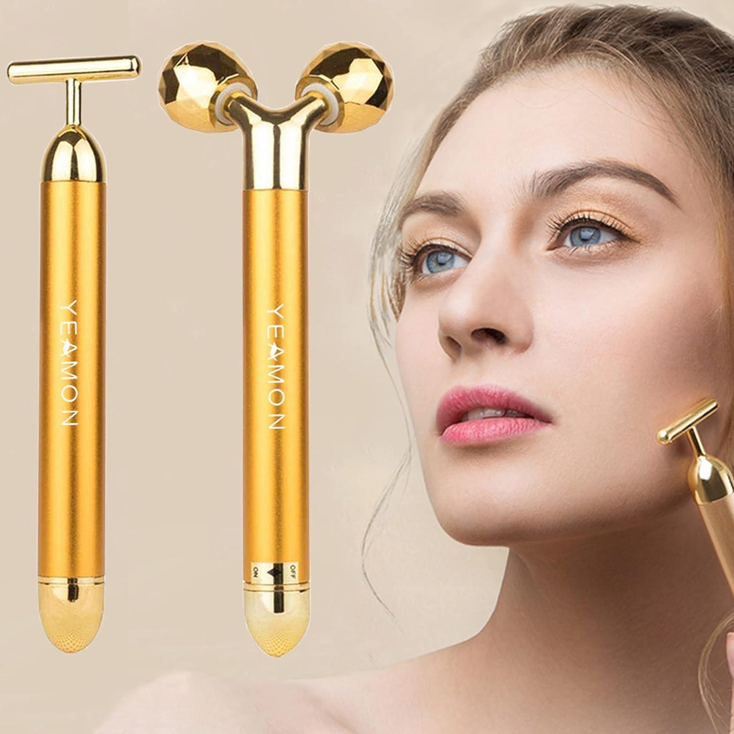 Generic 2-In-1 Beauty Bar 24K Golden Pulse Facial Face Massager, 3D Roller Electric Sonic Energy And T Shape Arm Eye Nose Head Massager Instant Face Lift, Anti-Wrinkles, Skin Tightening, Face