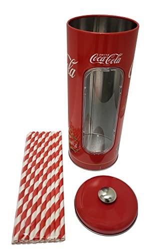 Tin Box The Tin Box Company Coke Straw Holder Tin with 20 Paper Straws Inside, 3-3/8 x 8-1/4\"H, Red and White (771517-12) - Good for 8\" Straws or Less