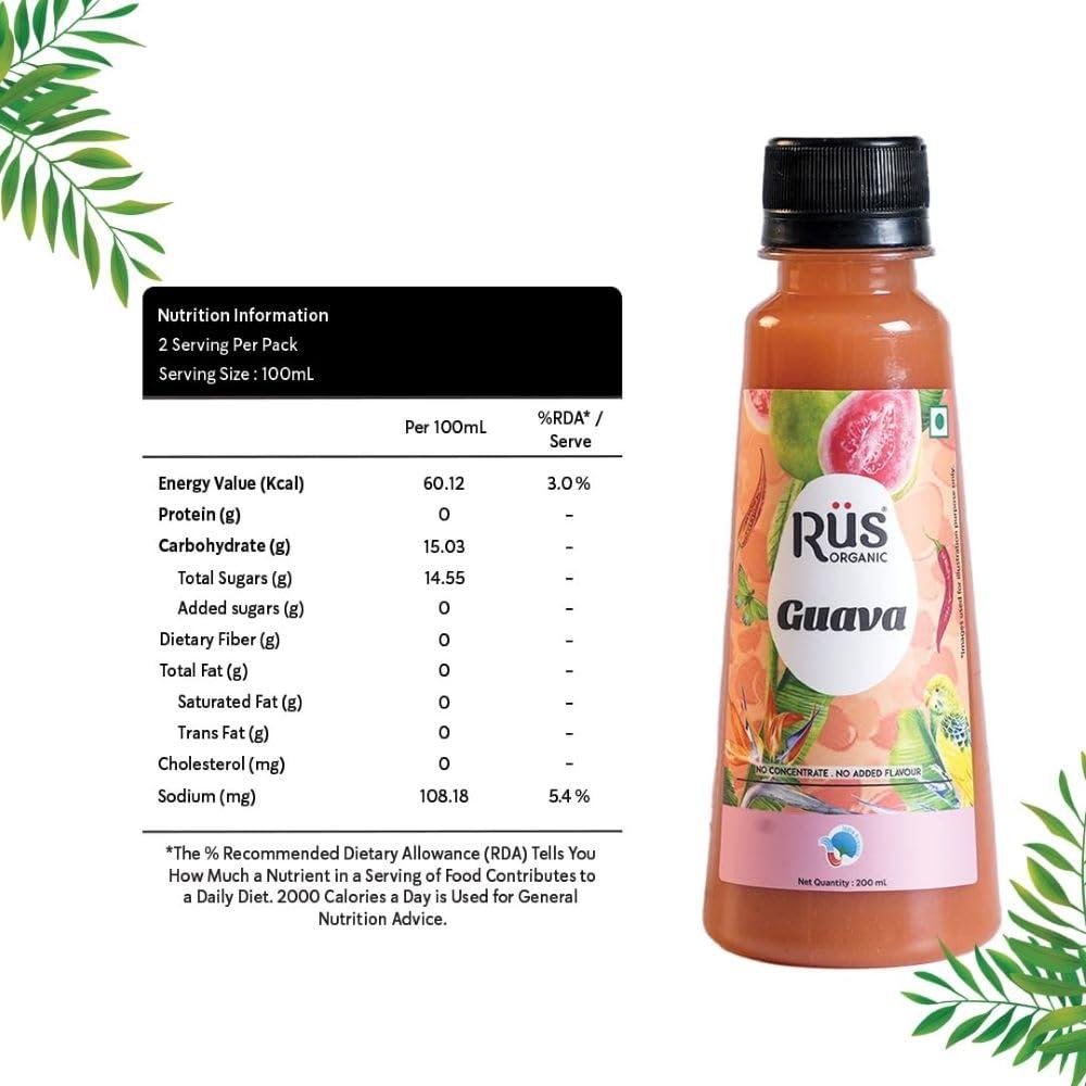 Rus Organic Rus Organic Guava Juice - Cold Pressed Juice - Pack of (8 x 200 ml) Bottle -Rich In Vitamin C - Natural Antioxidants | No Added Sugar, No Concentrate & No Flavors | 100% Pure Fruit Juice Pack