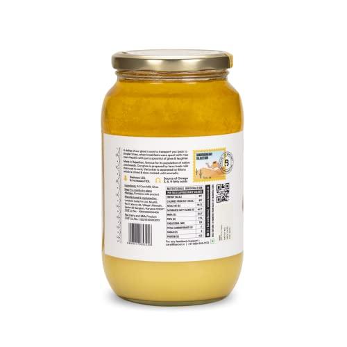 Barosi Barosi Premium A2 Cow Ghee 1 Litre | A2 Danedar Desi Ghee | Churned from Curd with Bilona Method | Pure & Aromatic | Organic, Farm Made in Small Batches | Glass Jar