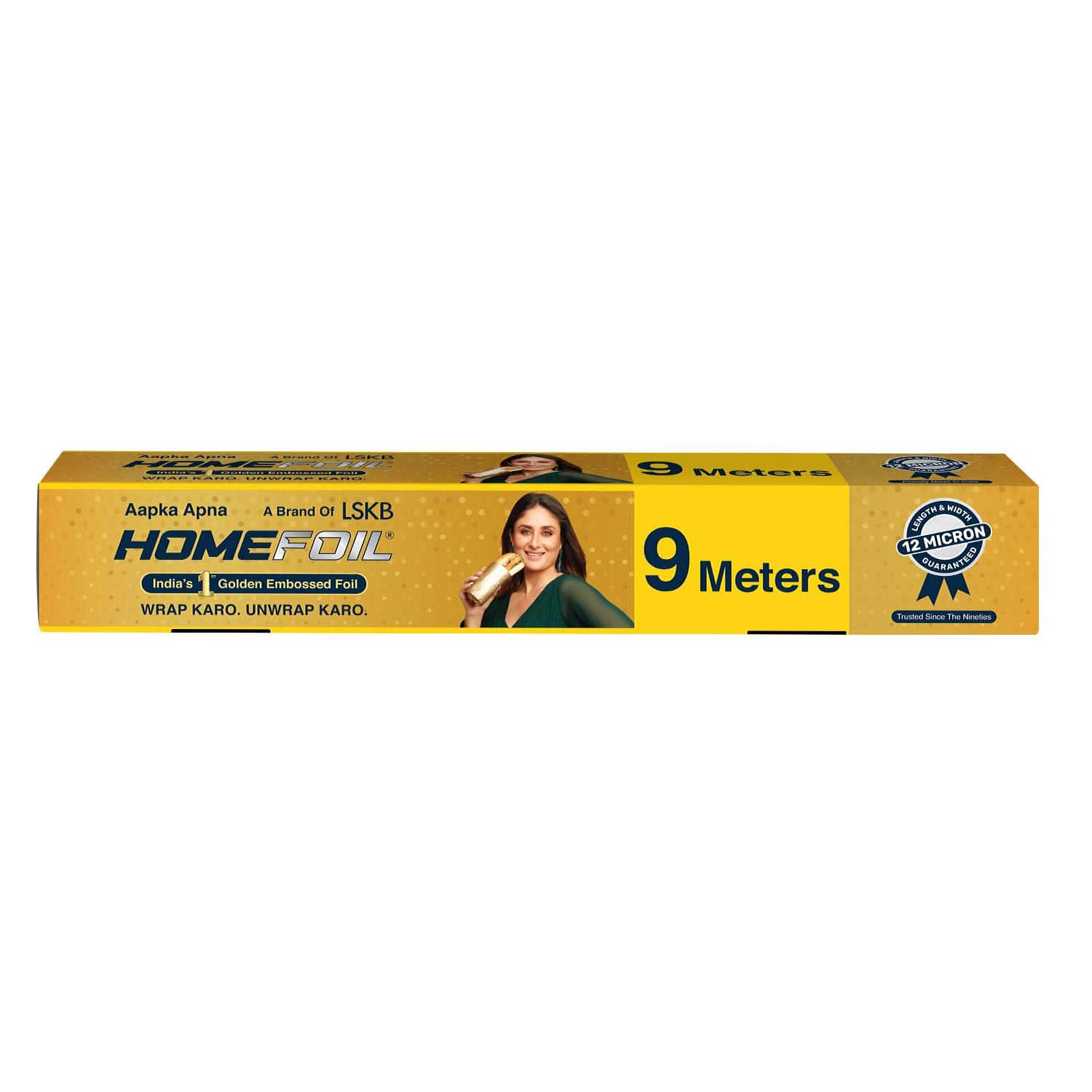Homefoil HOMEFOIL 9 Meter Golden Embossed Aluminium Foil | 12 Micron Thickness | Premium Quality | Keeps Food Fresh Always | Perfect for Food Wrapping, Packing, Storing and Serving (Pack of 1)