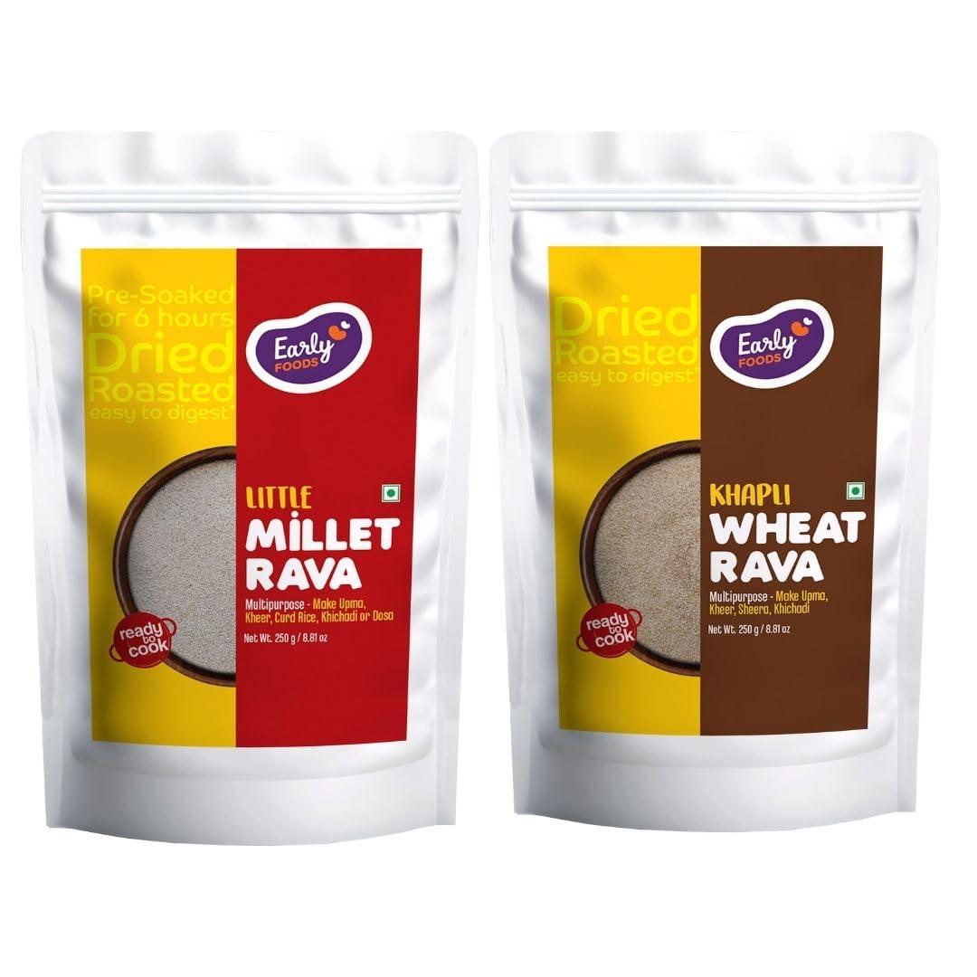 Early Foods Early Foods : Assorted Pack of 2 - Little Millet & Khapli Wheat Rava | Ready-to-Cook Millet Rava | Instant Breakfast Mix | Instant Millet Sooji | Roasted Millet Rava | Millet Idli Rava |