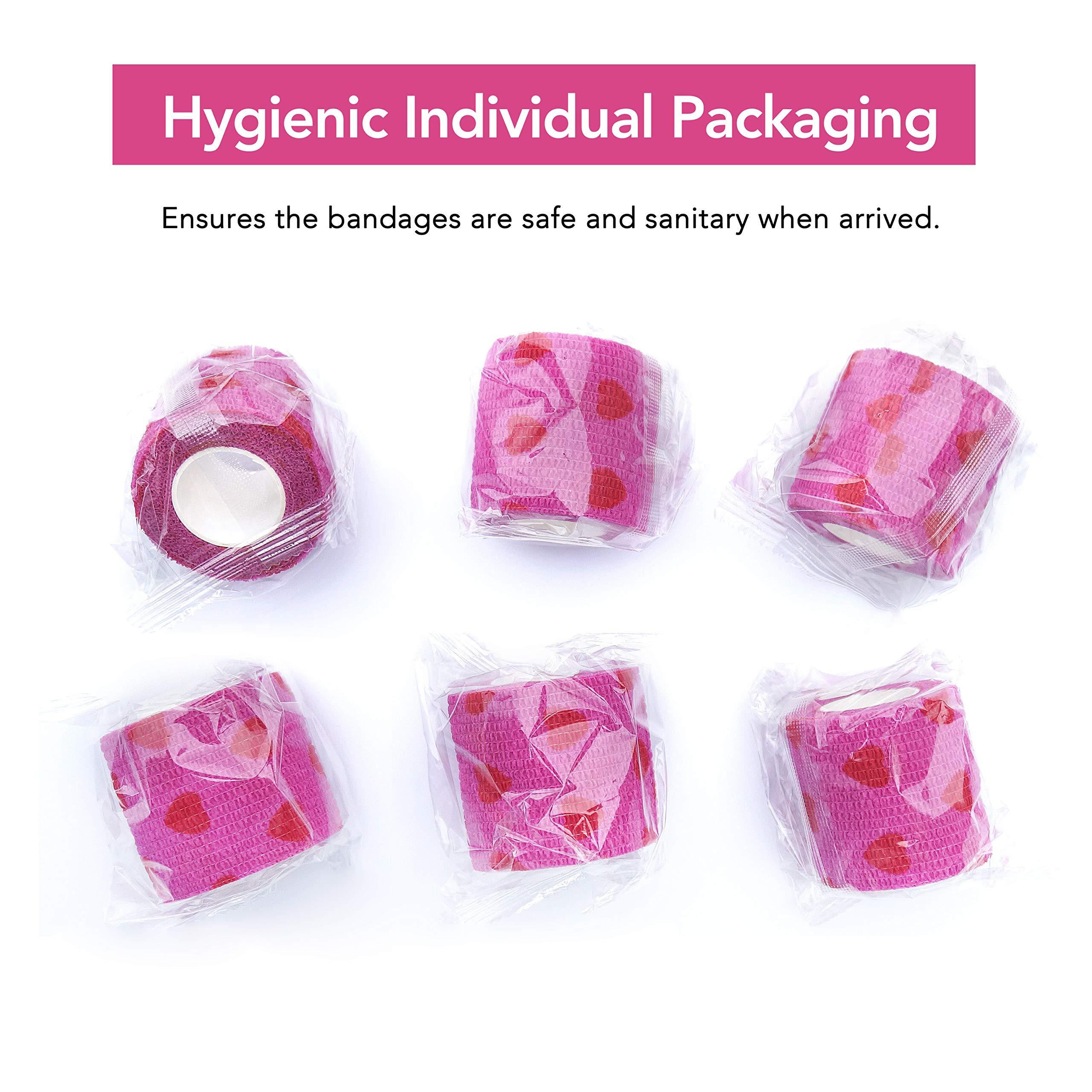 Risen Cohesive Bandage 2 x 5 Yards, 6 Rolls, Self Adherent Wrap Medical Tape, Adhesive Flexible Breathable First Aid Gauze Ideal for Stretch Athletic, Ankle Sprains & Swelling, Sports (Rose Red Heart)