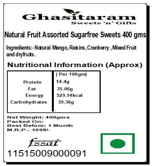 Ghasitaram Gifts Ghasitaram Gifts - Sugarfree Sweets - Natural Fruit Assorted Sugarfree Sweets 400 GMS |Gift for Diwali,Holi,Rakhi,Valentine,Christmas,Birthday,Anniversary,Gift for Her,Him,Mothers Day,Fathers Day|