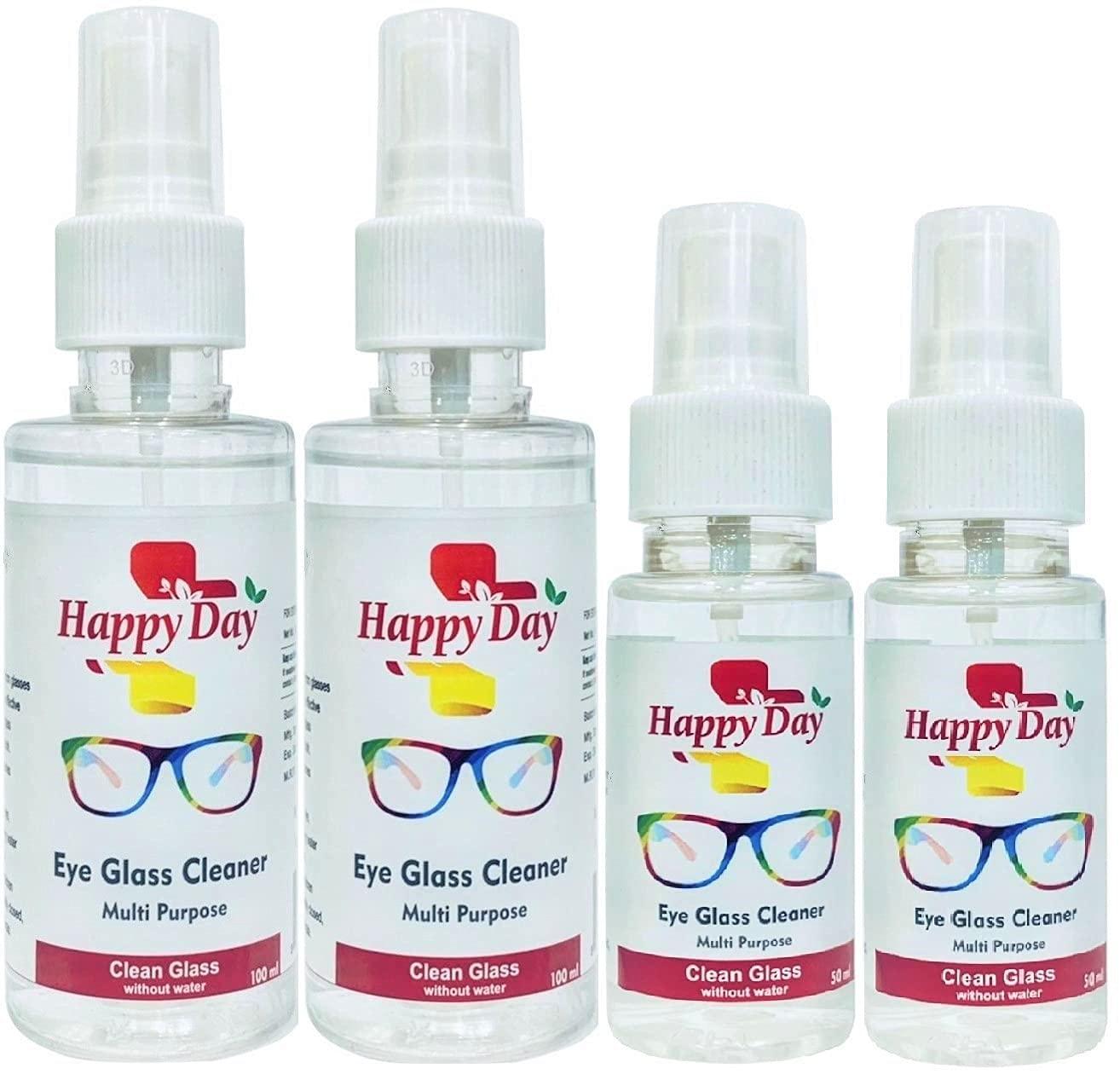 Happy Day Happy Day Eye Glass/Spectacles Cleaner Spray ,4 PCs Total 300 ml -Pure & Safe- Best for cleaning Camera Lens ,Sunglasses LED & LCD TV, Computer Monitor, Laptop, and iPad Screens ( 2 x 100 + 2 x 50 ml)
